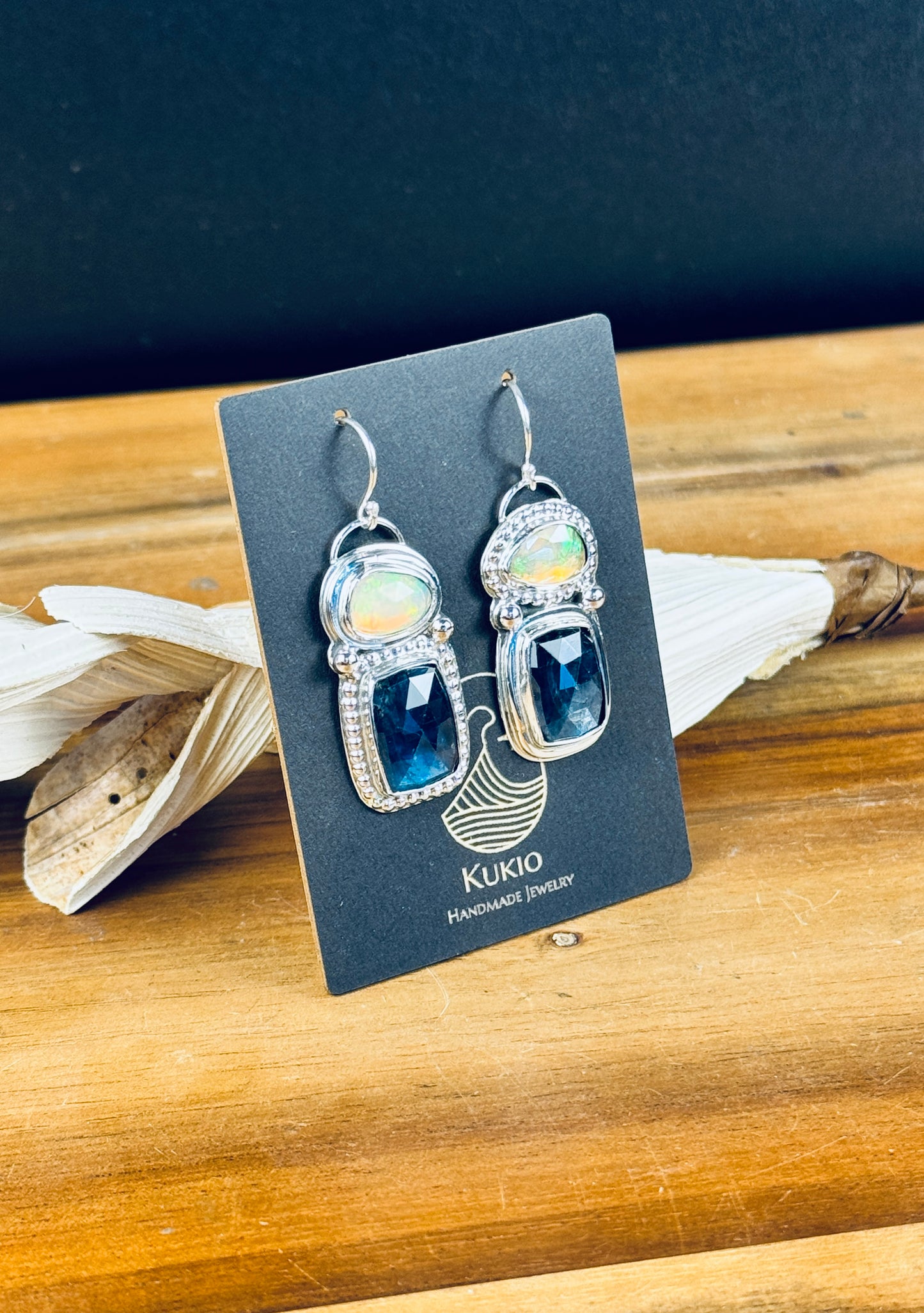Paraiba Kyanite and Ethiopian Welo Opal Earrings