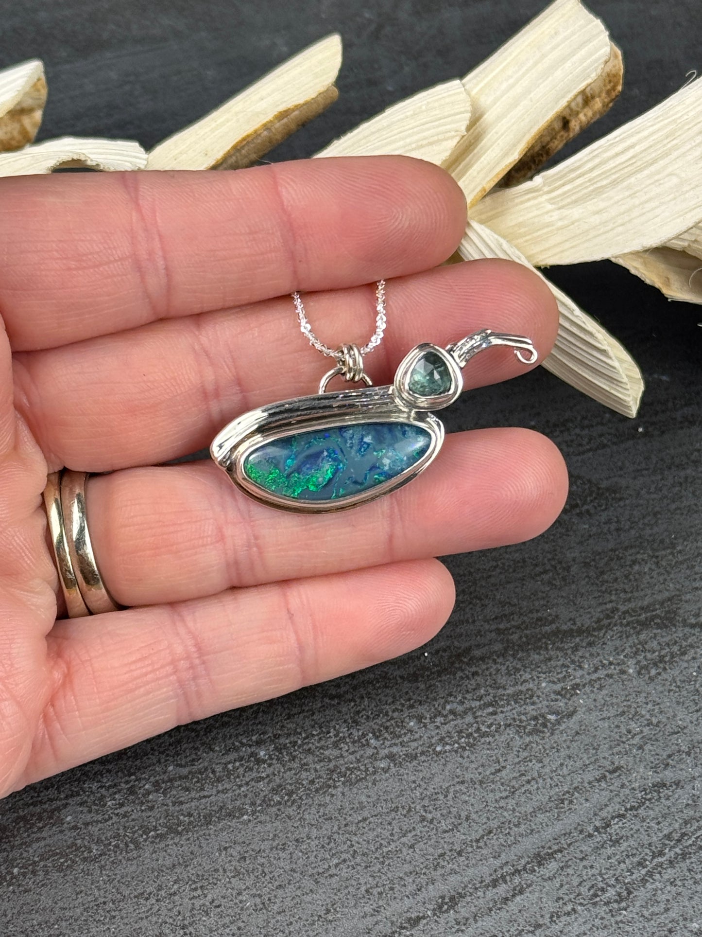Sterling Silver Wave with Boulder Opal and Emerald Bio Green Kyanite Pendant