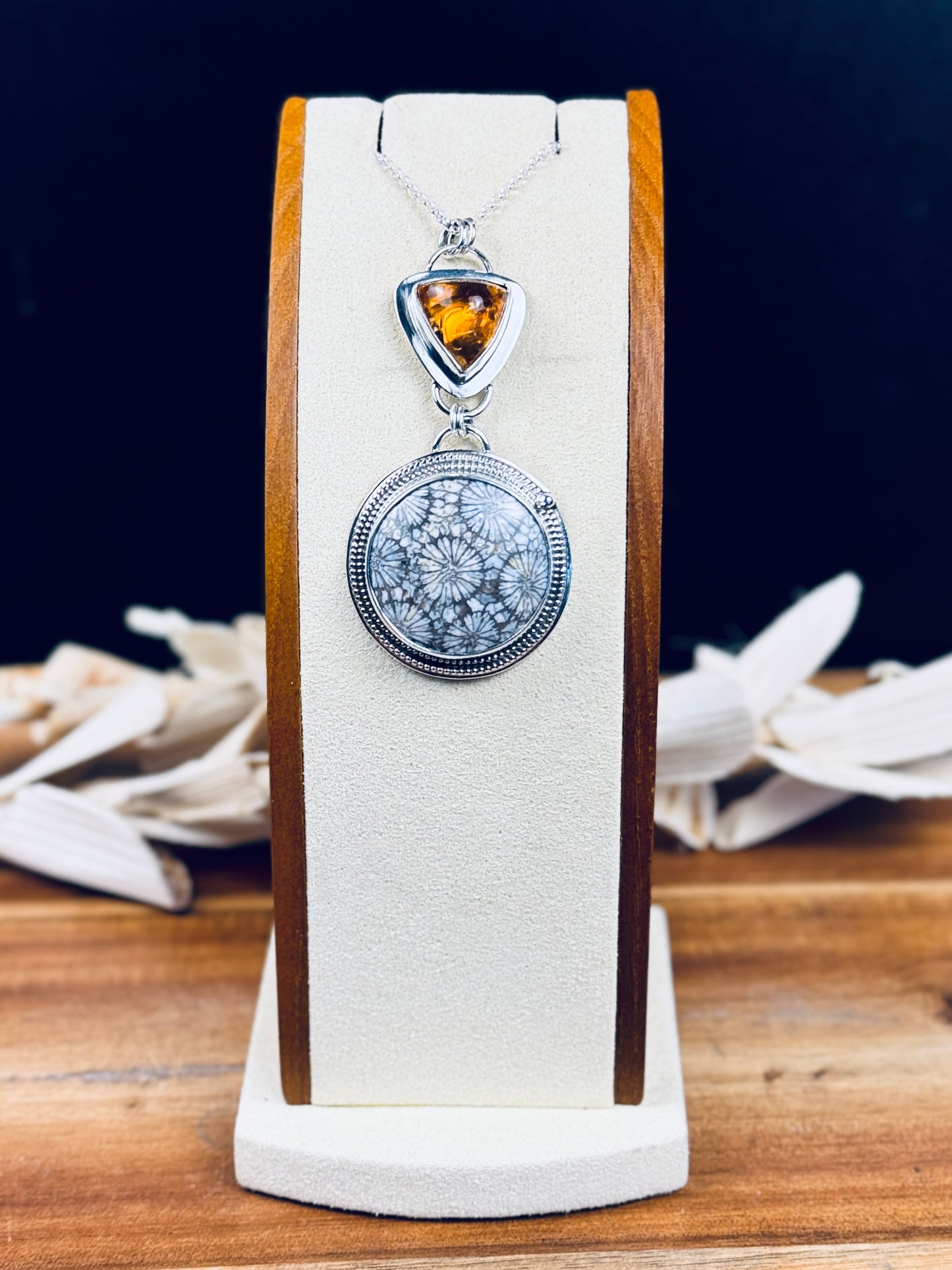 Fossilized Coral and Citrine Sterling Silver Pendant