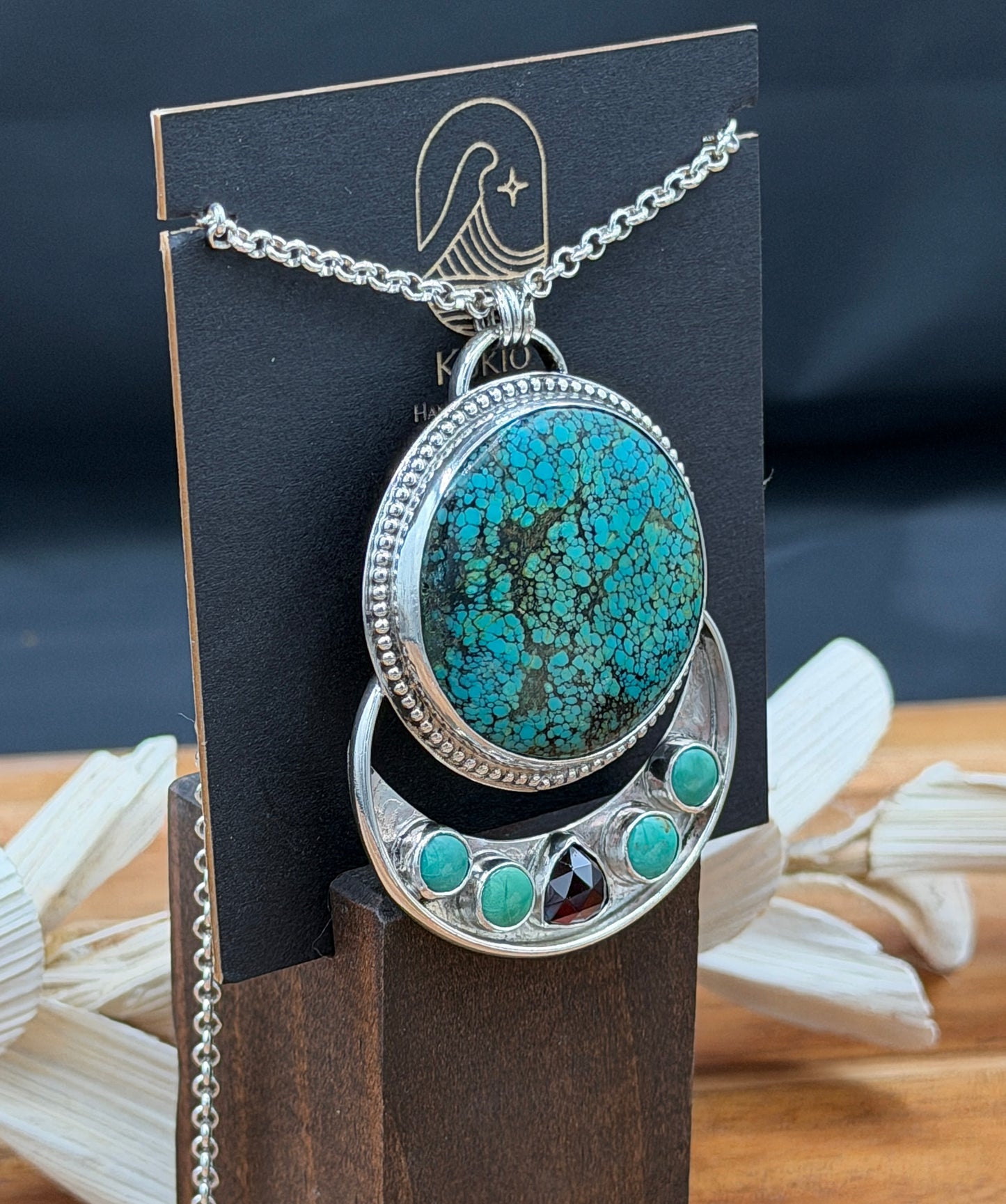 Hubei Turquoise with Turquoise and Garnet Sterling Silver Pendant