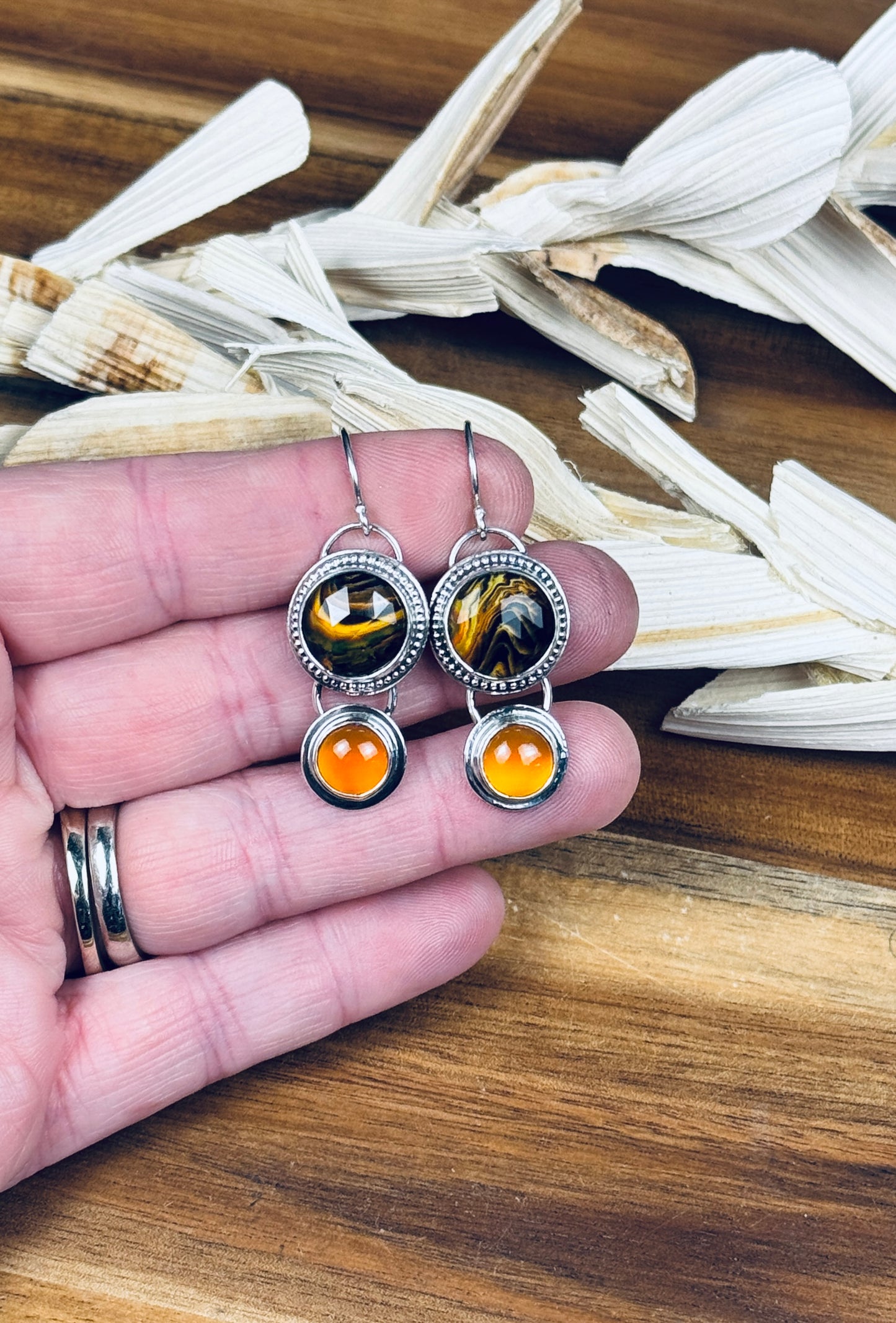 Bumblebee Jasper Doublet and Carnelian Sterling Silver Earrings