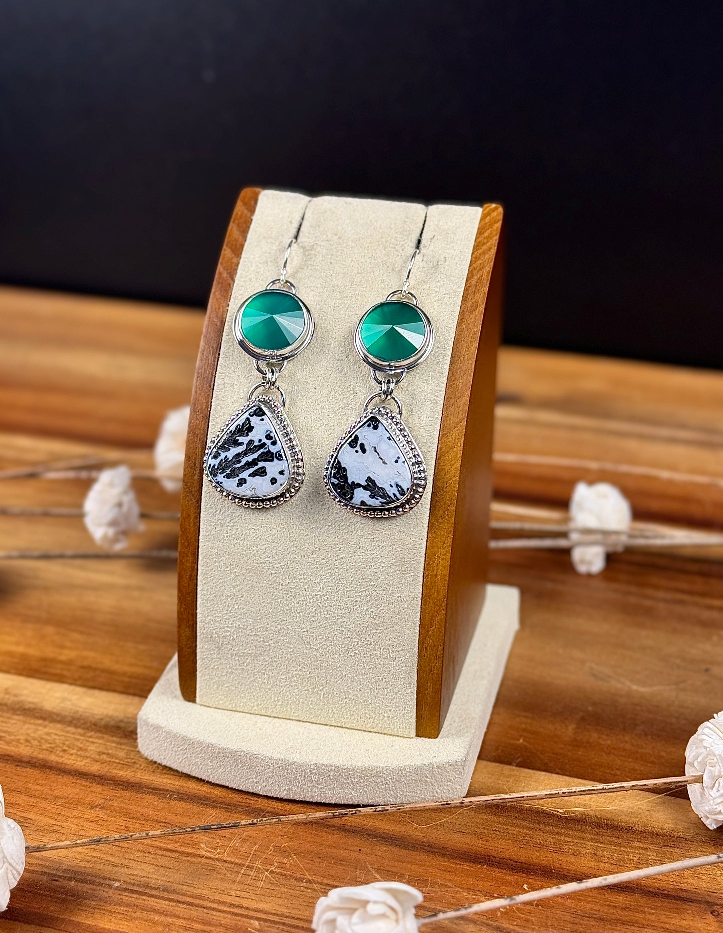 Black Feather Medicine Bow Agate and Green Onyx Earrings