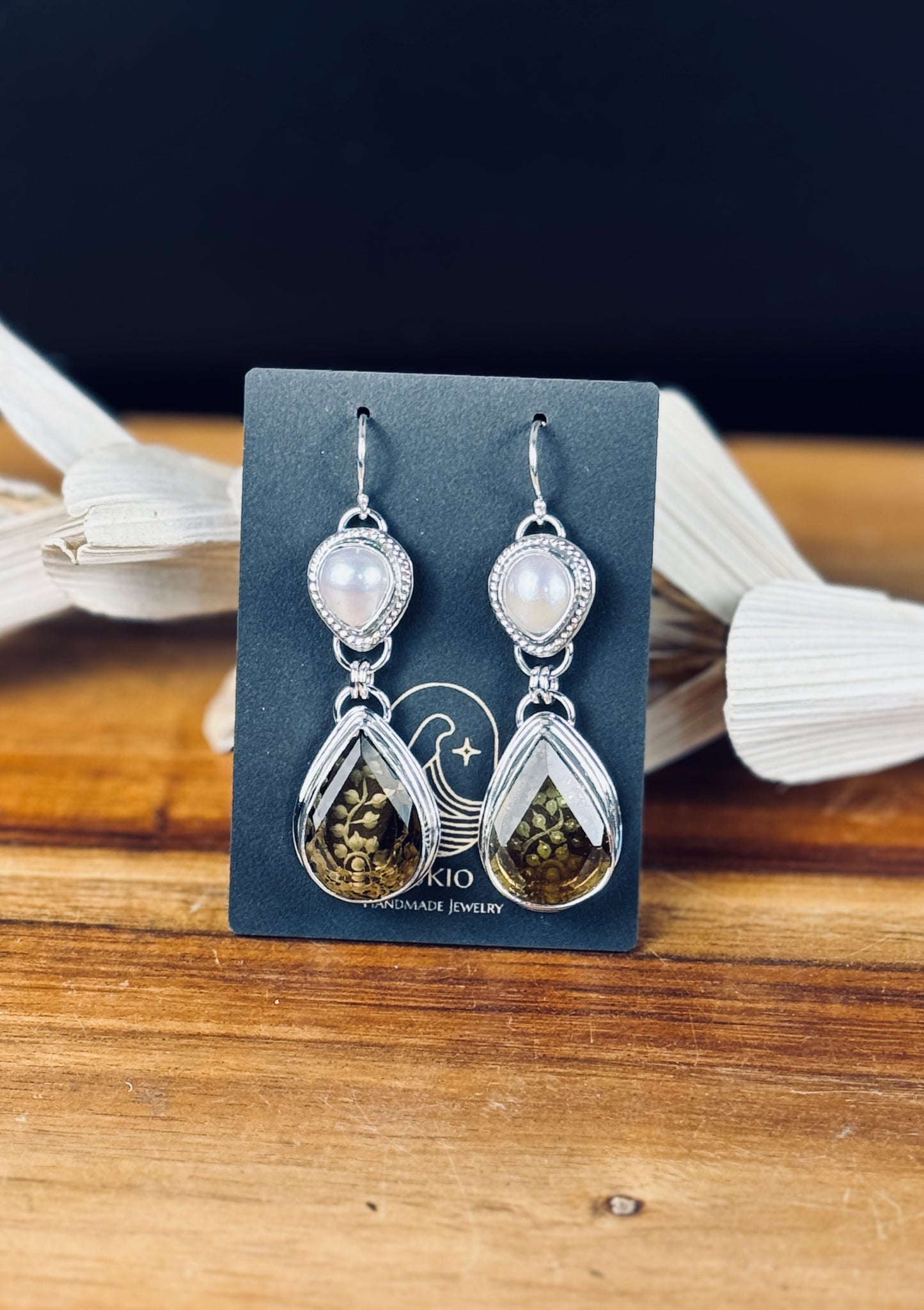 Etched Citrine and Fresh Water Pearl Sterling Silver Earrings