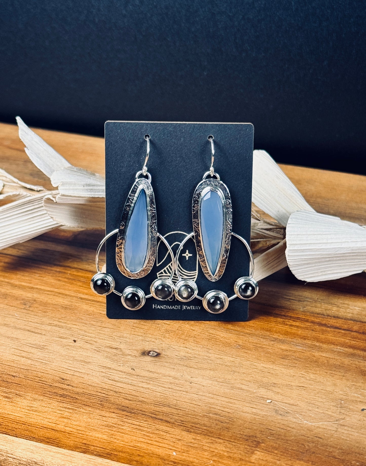Namibian Chalcedony and Black Moonstone Sterling Silver Earrings