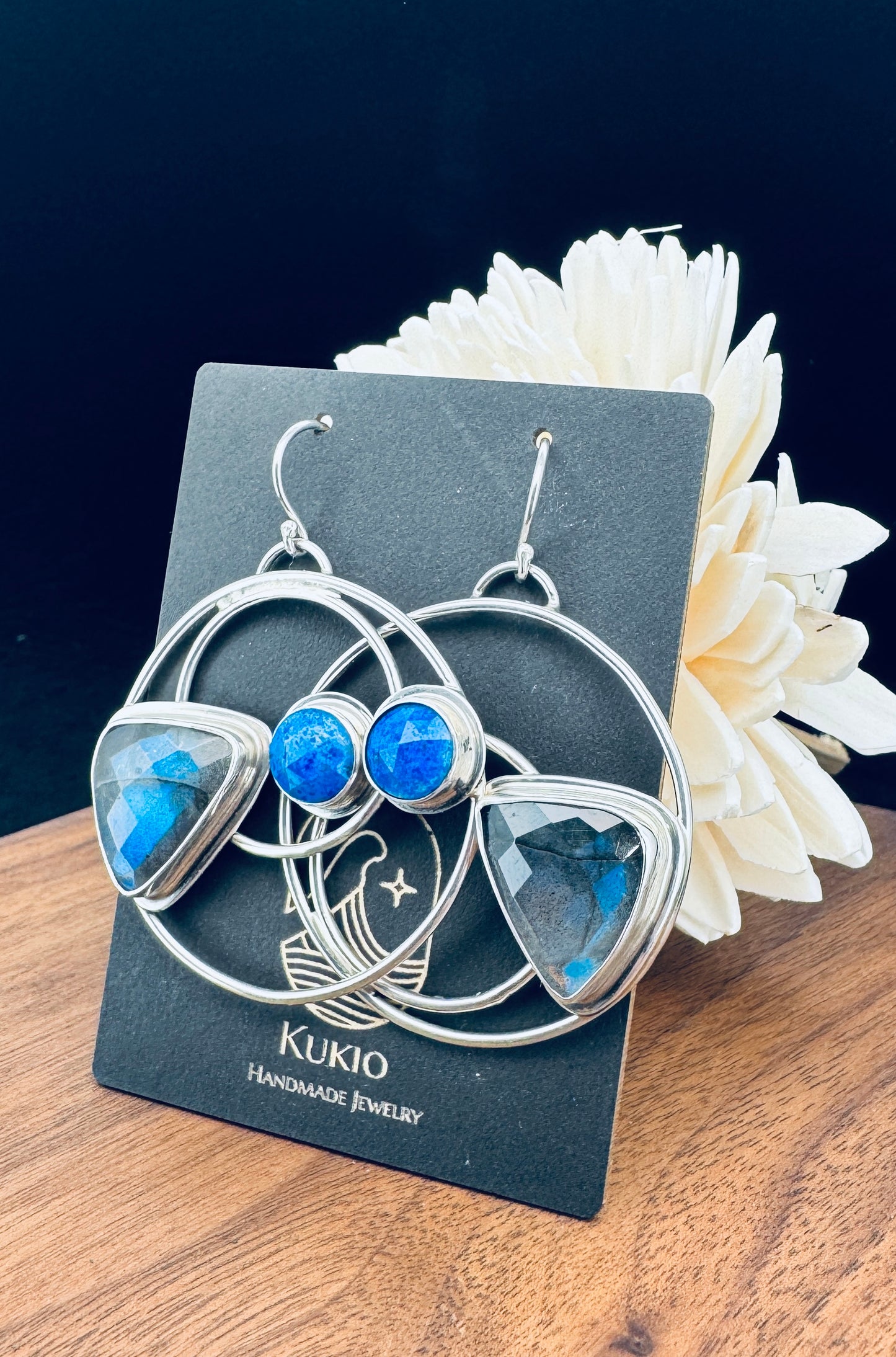 Sterling Silver Labradorite and Lapis Hoop Earrings