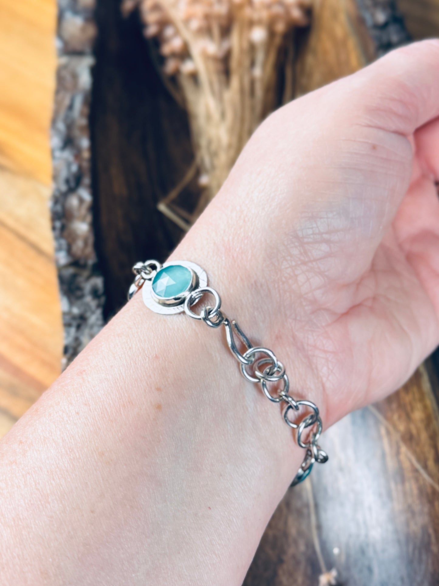 Aqua Chalcedony and White Moonstone Sterling Silver Bracelet