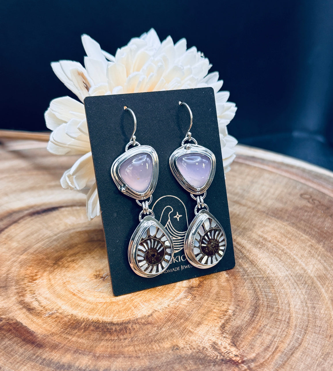 Ammonite with Mother of Pearl Inlay and Lilac Chalcedony Earrings