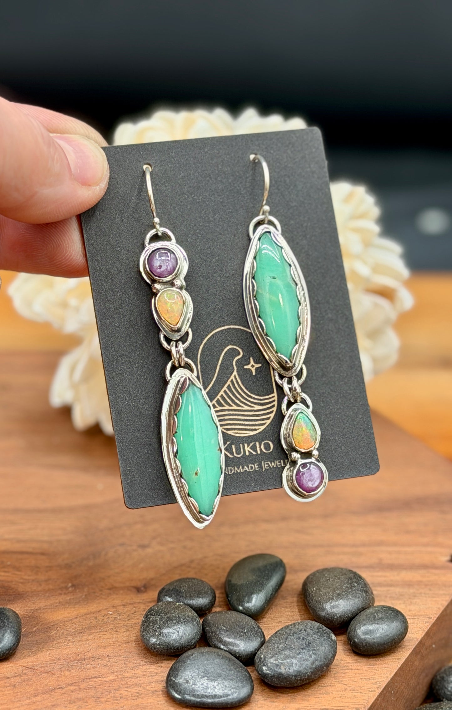 Newman Chrysoprase with Opal and Ruby Sterling Silver Earrings