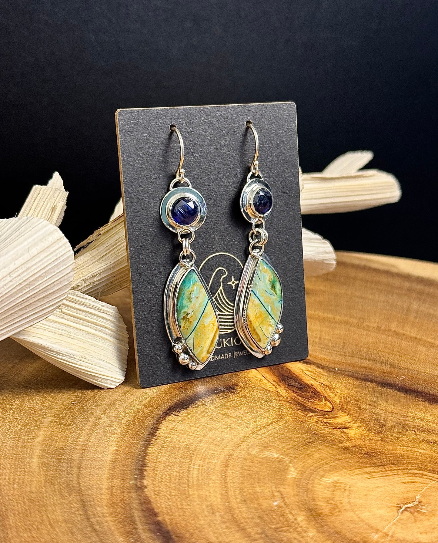 Sterling Silver Opalized Wood and Blue Kyanite Earrings