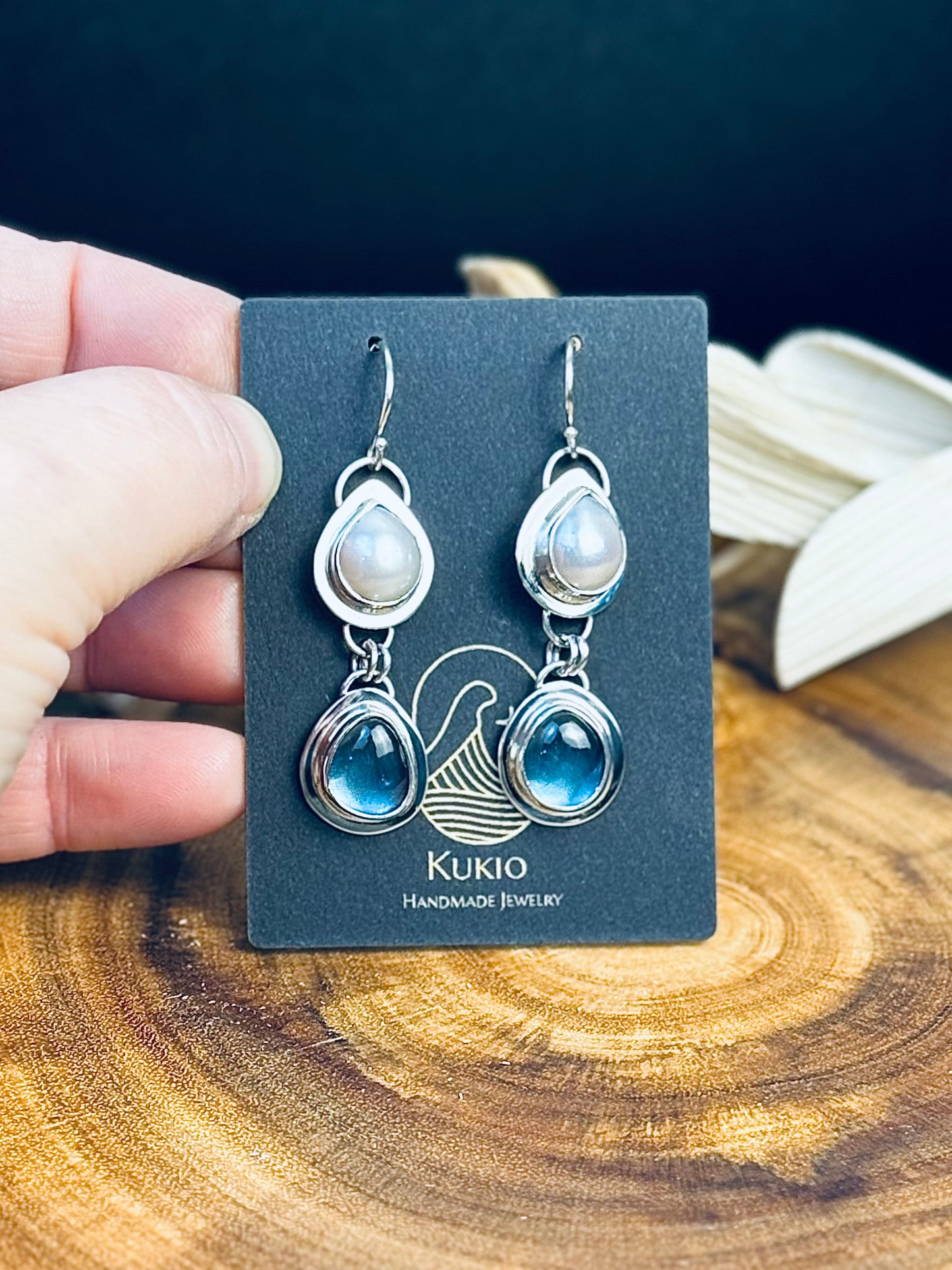 High grade London Blue Topaz and fresh water Pearl Earrings