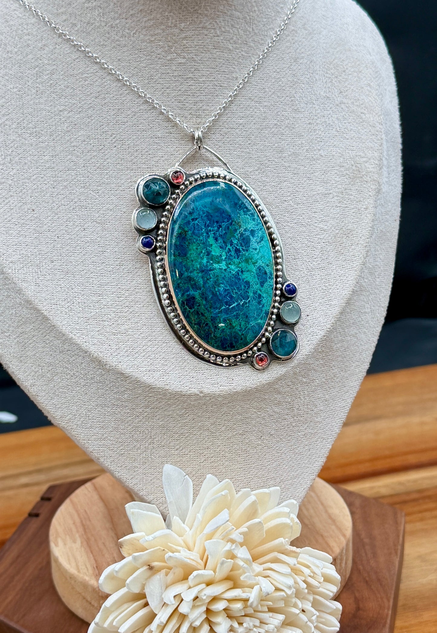 Shattuckite with Azurite Sterling Silver and Gold Fill Pendant