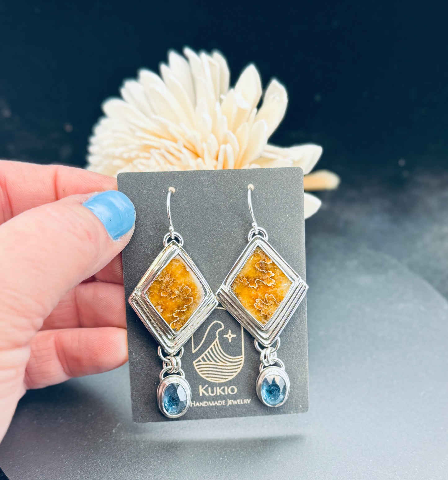 Sterling Silver Ammonite and Teal Moss Kyanite Earrings