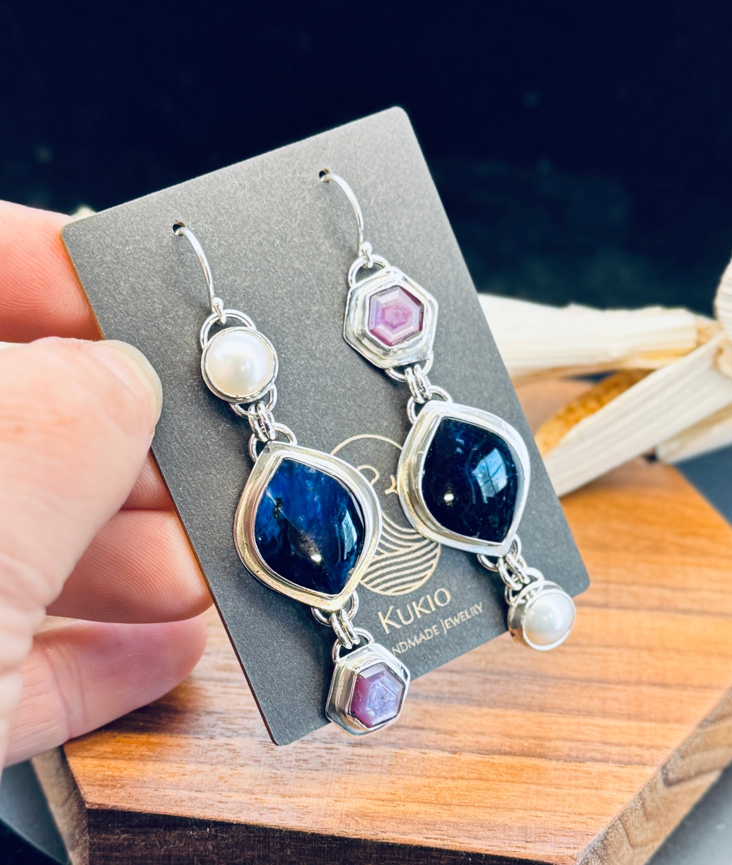 Sterling Silver Lapis with Silky Sapphire and Fresh Water Pearl Earrings