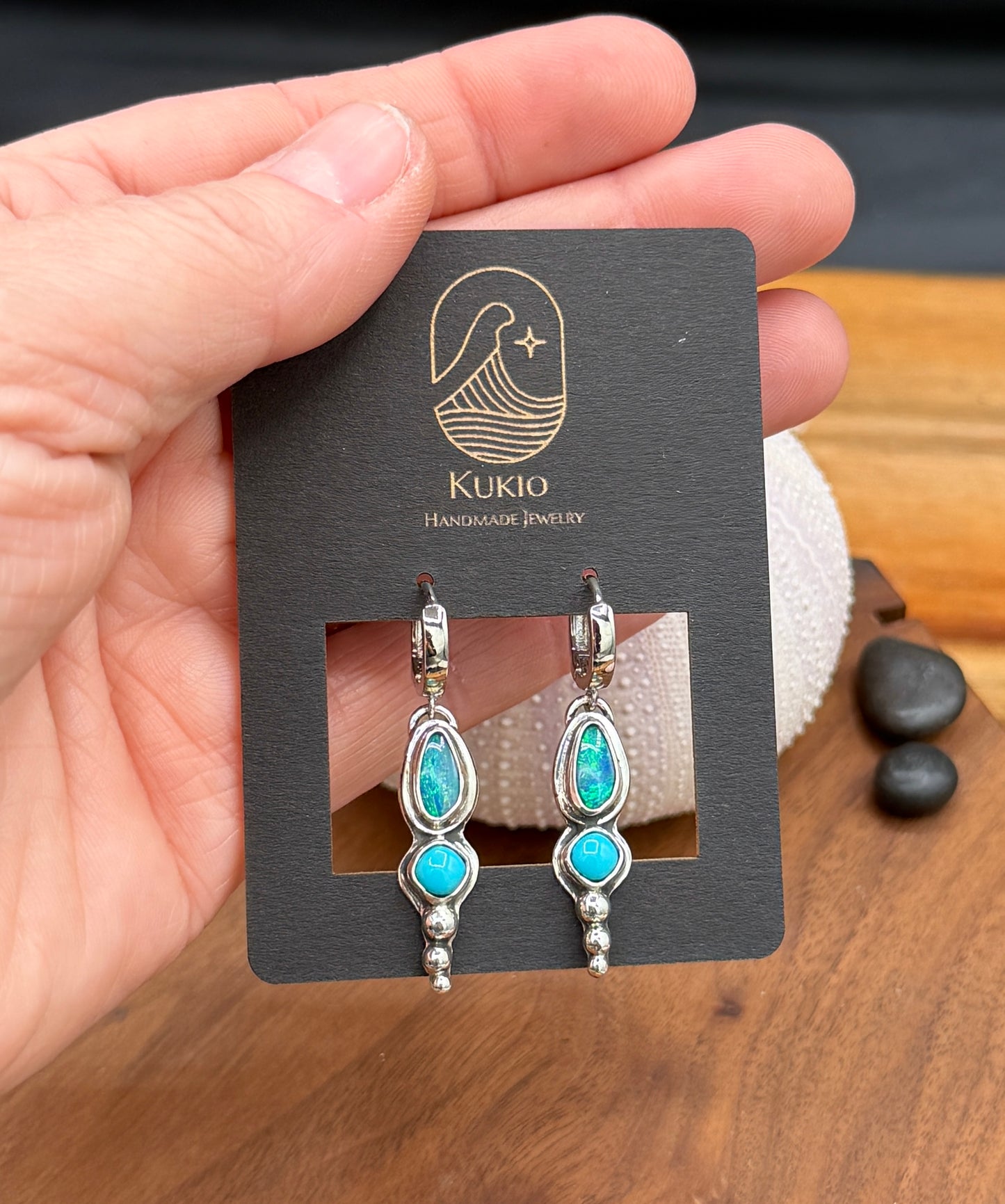 Natural Coober Pedy Opal with Turquoise Huggie Earrings