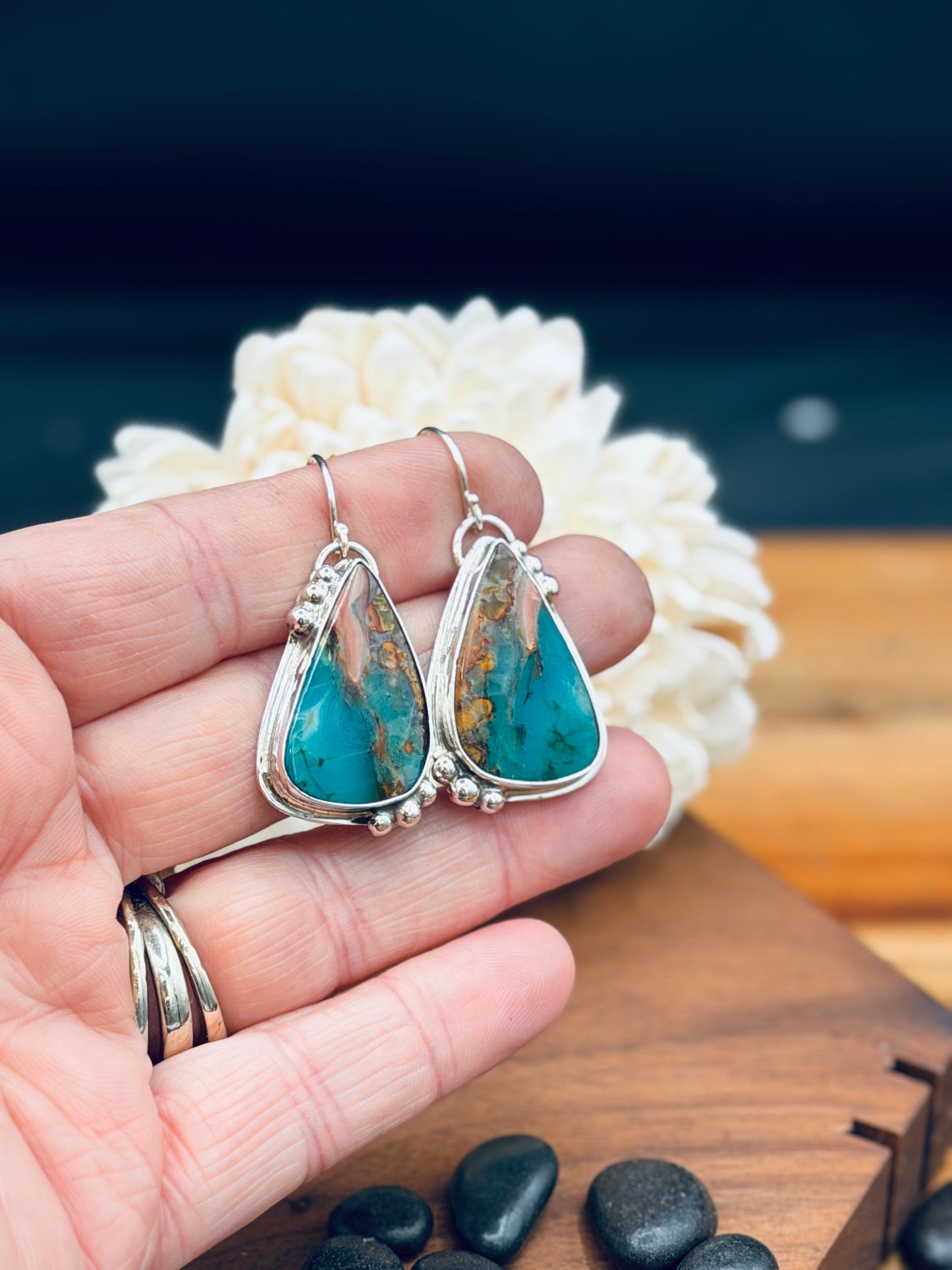 Sterling Silver Blue Opalized Wood Earrings