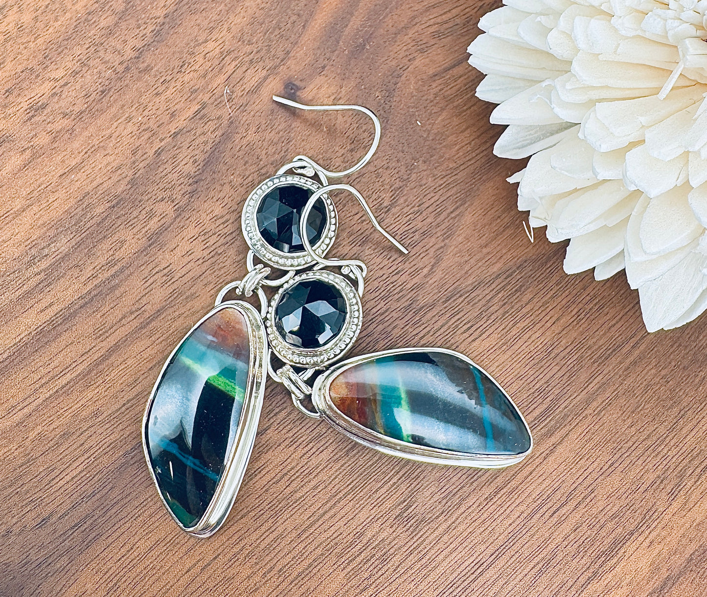 Sterling Silver Opalized Wood with Black Onyx Earrings