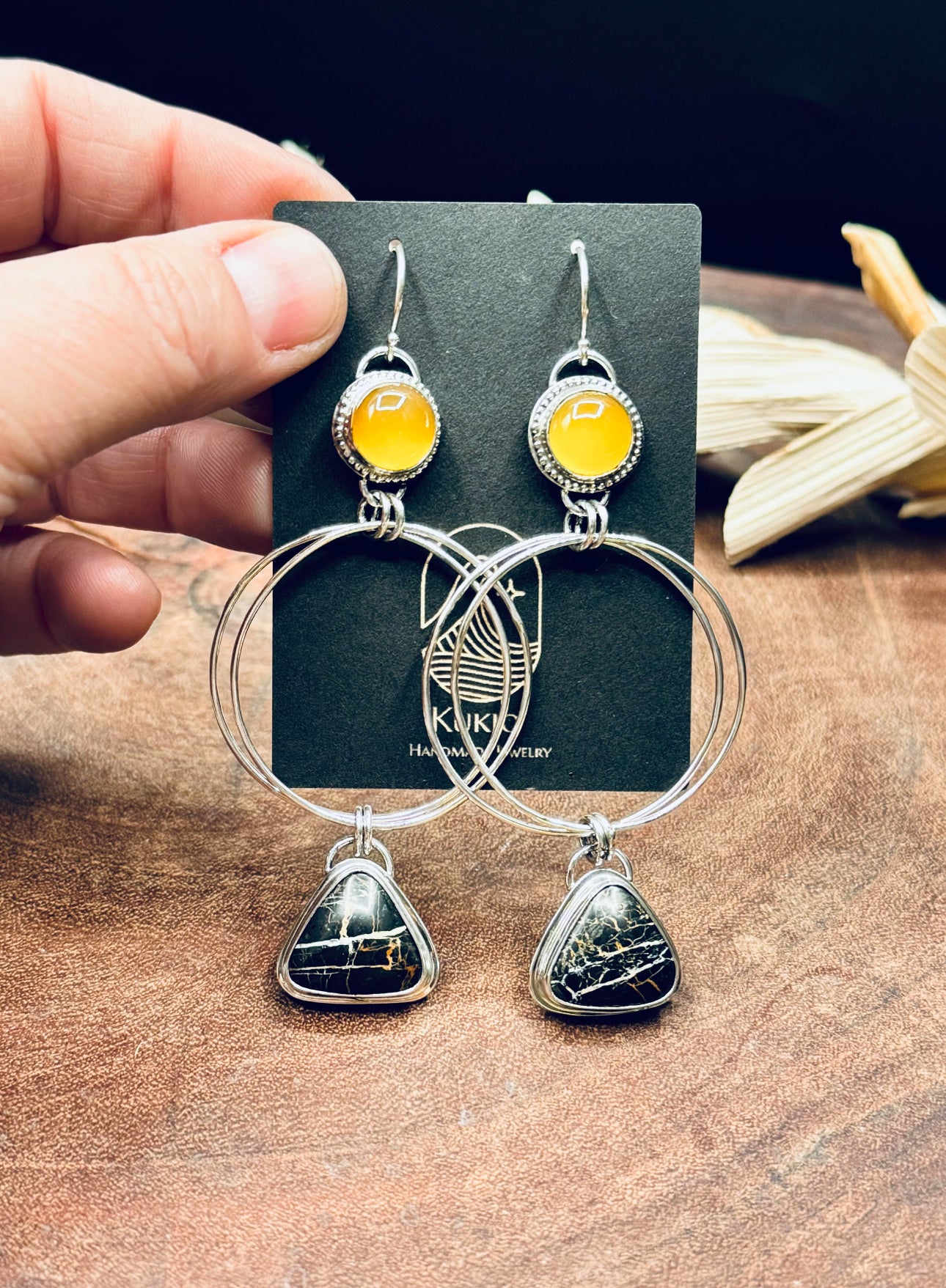 Iron Buffalo and Mango Chalcedony Sterling Silver Earrings