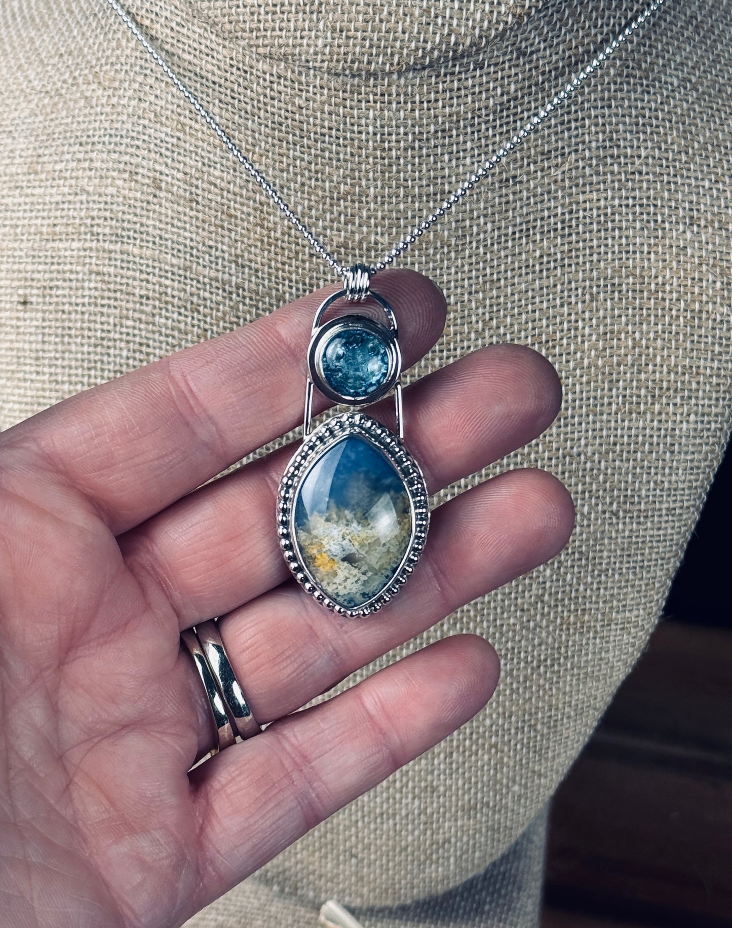 Vista Plume Agate Doublet with Swiss Blue Topaz Intaglius Caving Sterling Silver Pendant