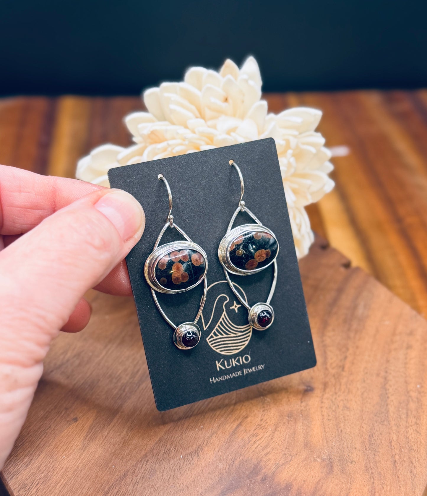 Sterling Silver Peanut Obsidian and Garnet Earrings