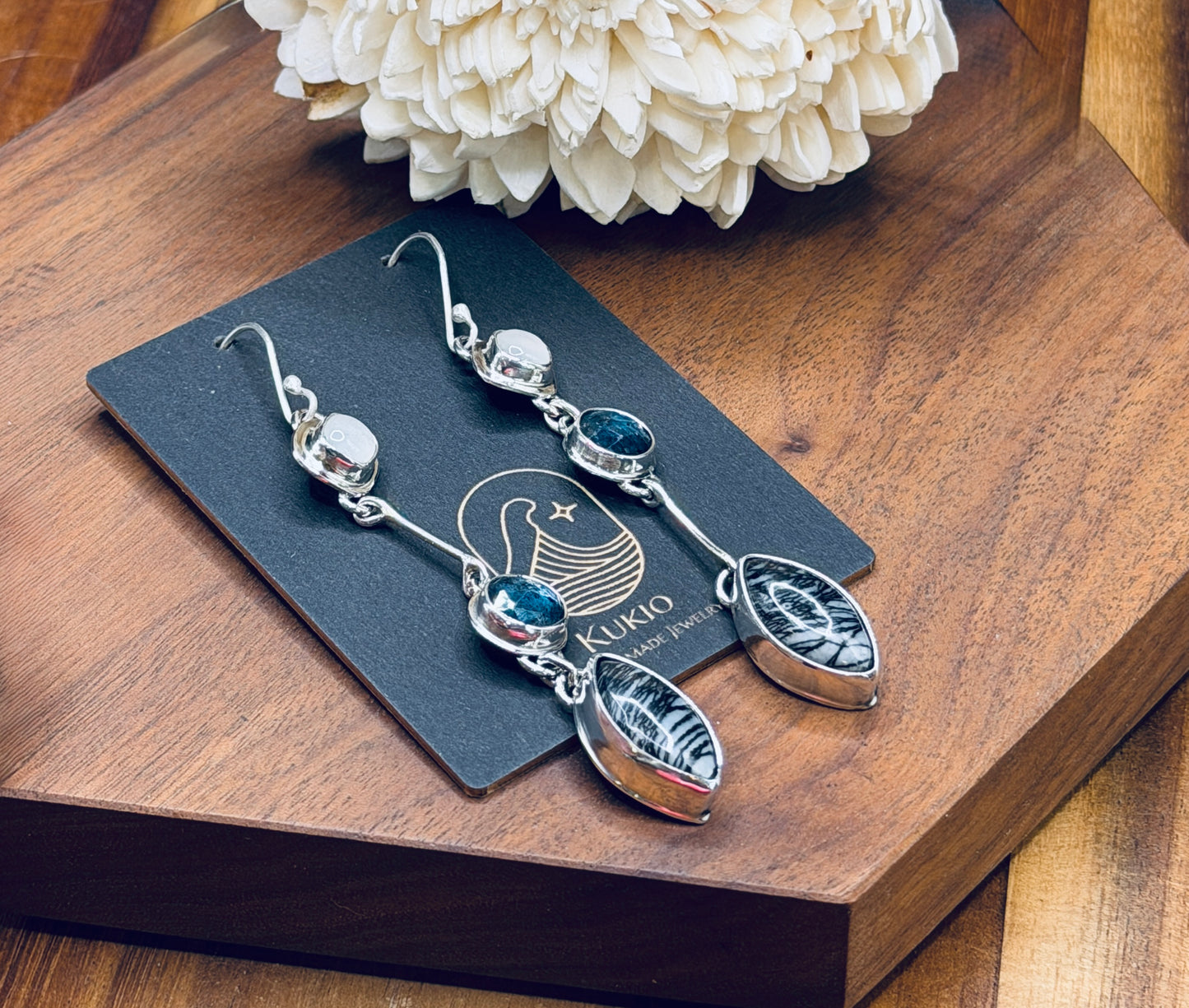 Sterling Silver Spiderweb Jasper with Teal Moss Kyanite and Moonstone Earrings