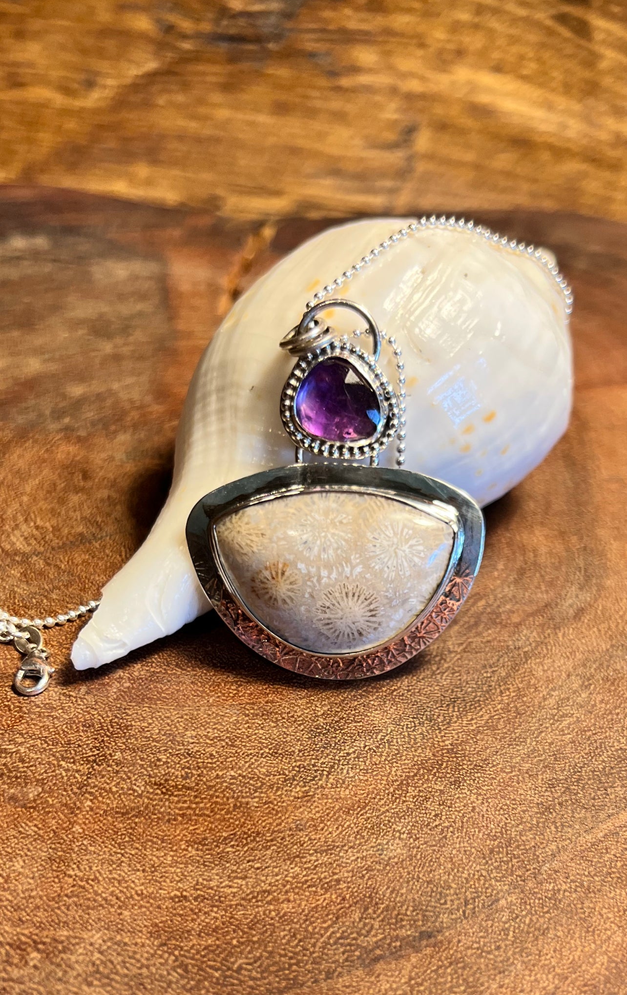 Fossilized Coral and Amethyst Pendant