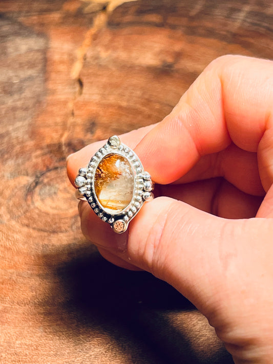 Rutilated Quartz with 14k Gold Accents Sterling Silver Statement Ring