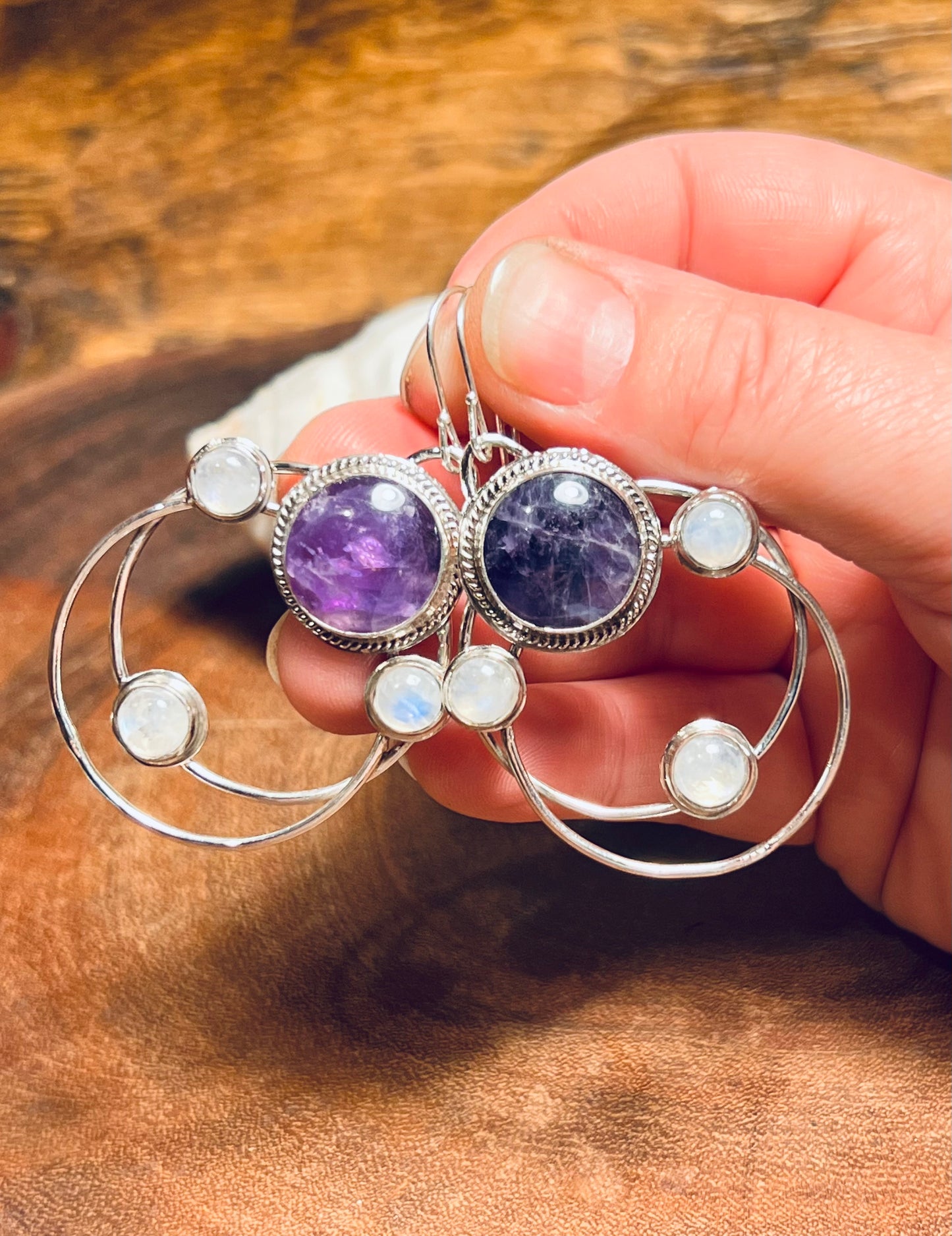 Amethyst and Rainbow Moonstone Double Hoop Earrings
