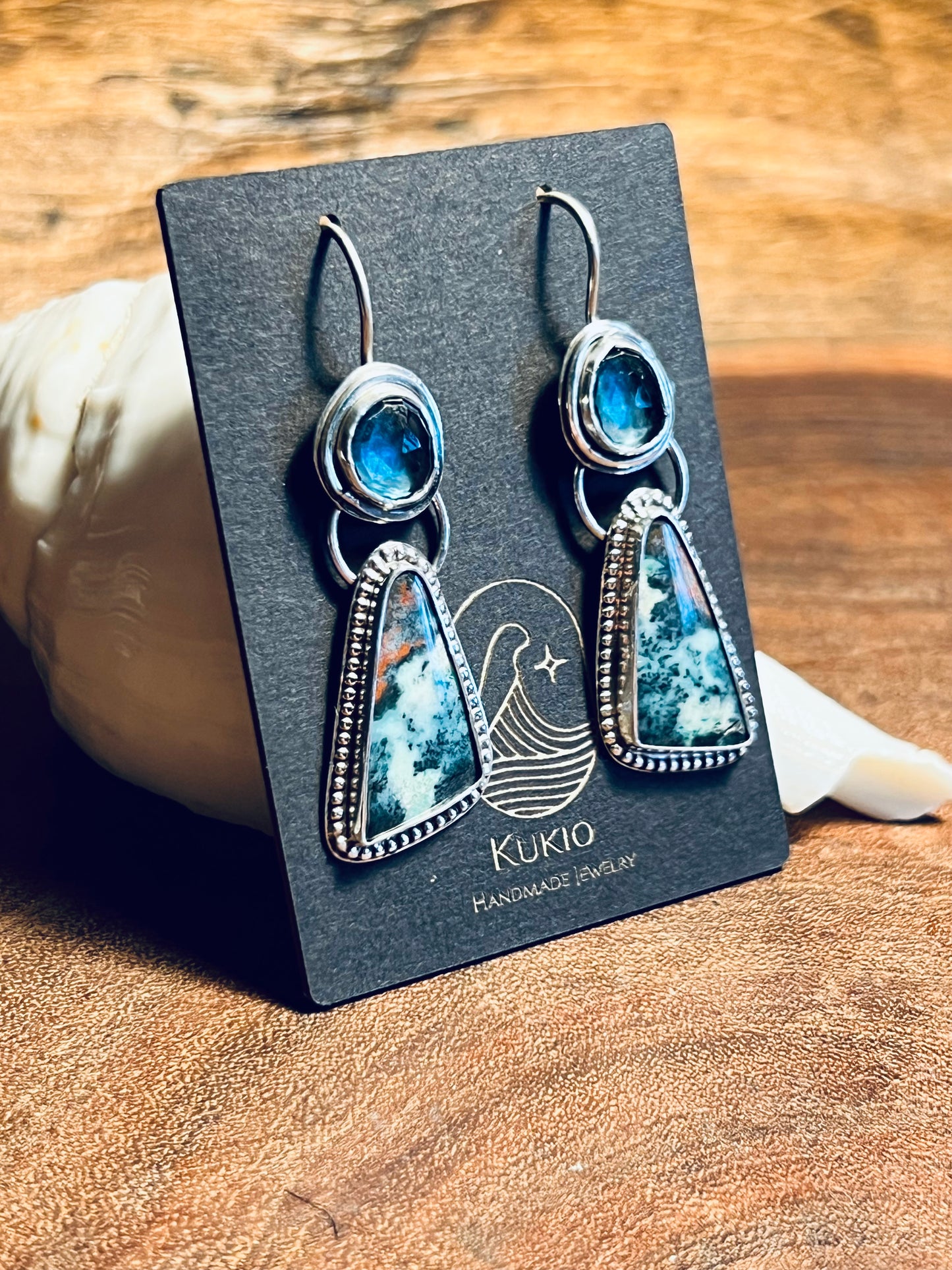 Blue Opalized Wood and London Blue Topaz Sterling Silver Earrings
