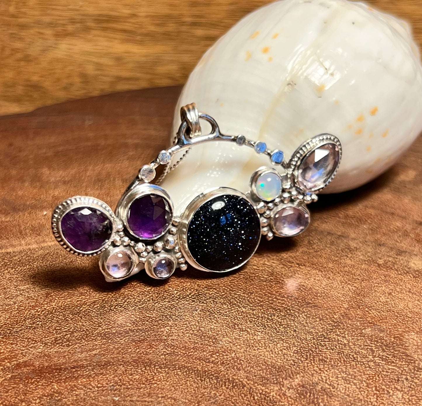 Blue Goldstone, Amethyst and Opal Sterling Silver Necklace