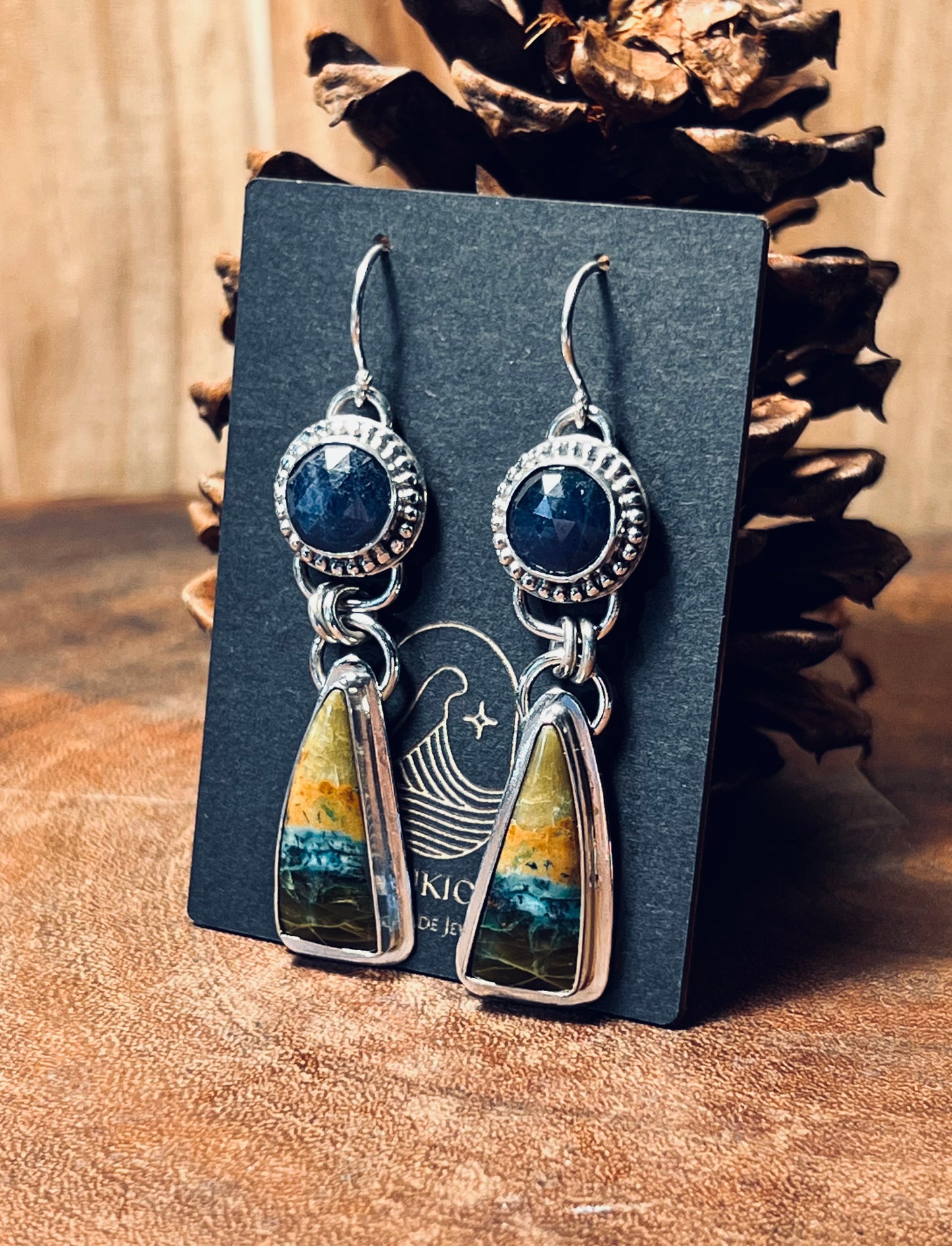 Blue opalized Wood and Sapphire Sterling Silver Earrings