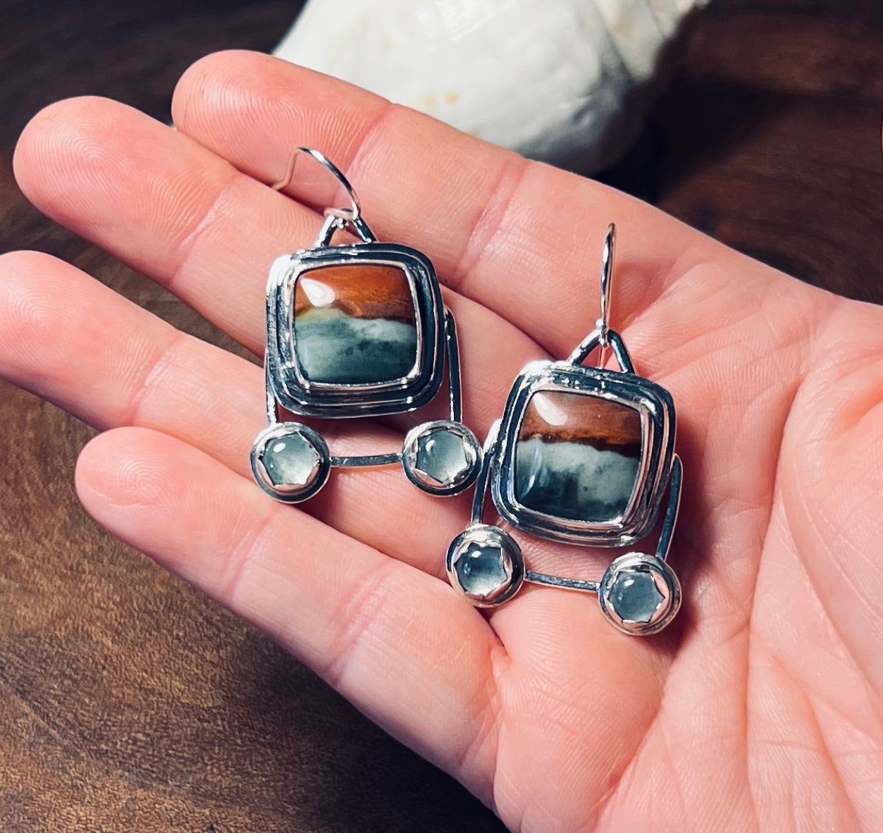 Polychrome Jasper and Aquamarine sterling silver earrings