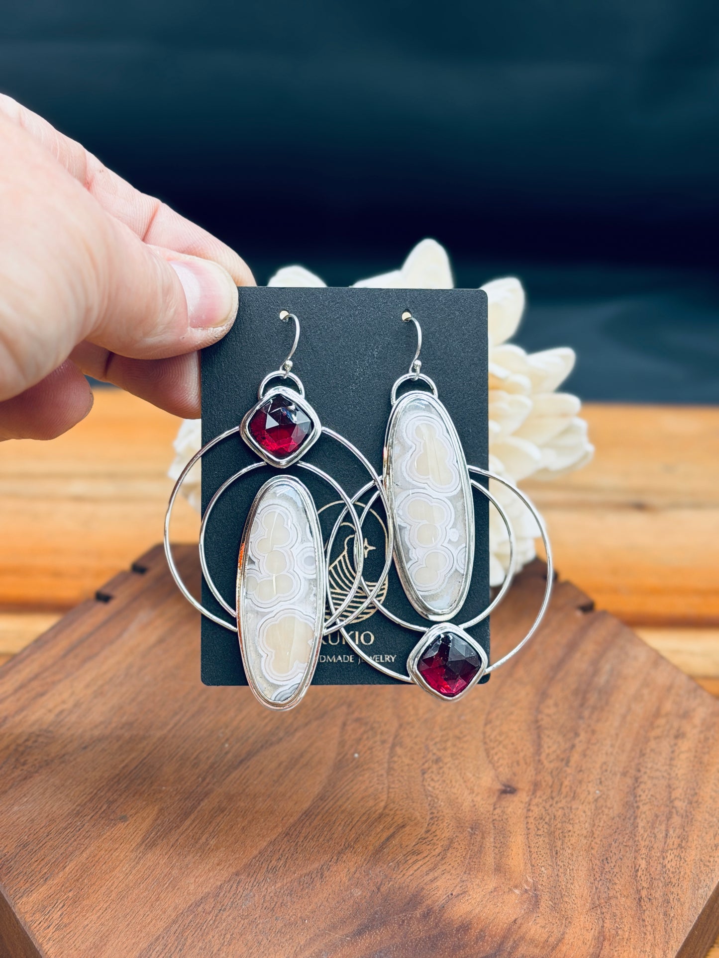 Sterling Silver Orbicular Agate and Garnet Earrings