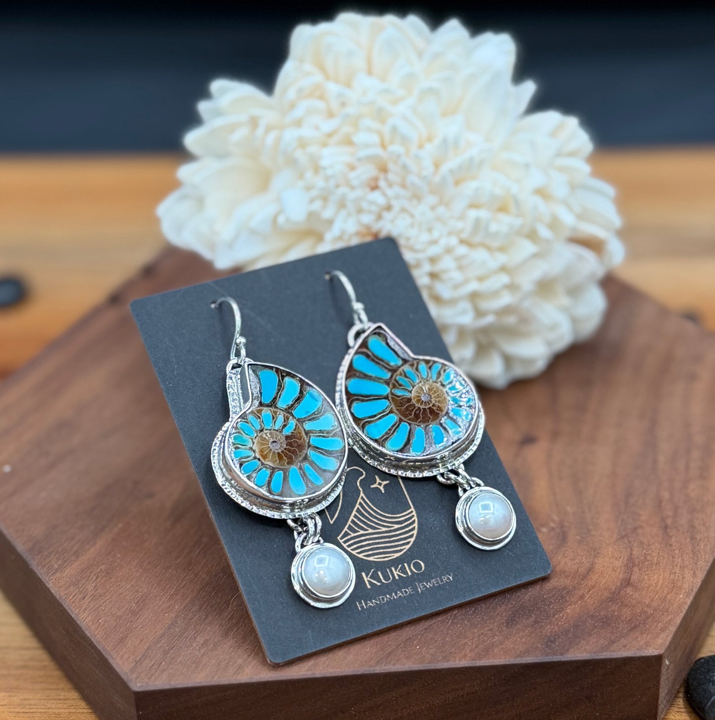 Sterling Silver Ammonite with Tuquoise Inlay and Pearl Earrings