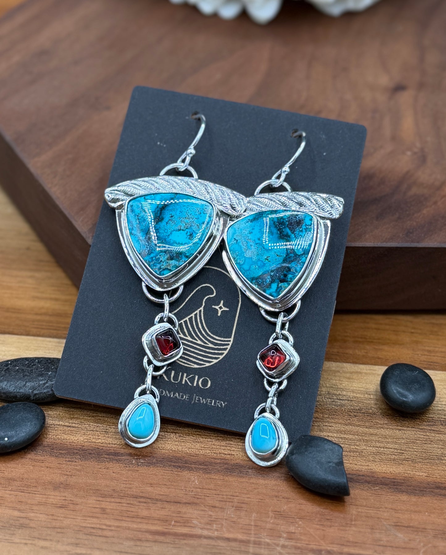 Sterling Silver Shattuckite, Chrysocolla and Cuprite Earrings with Turquoise and Garnet