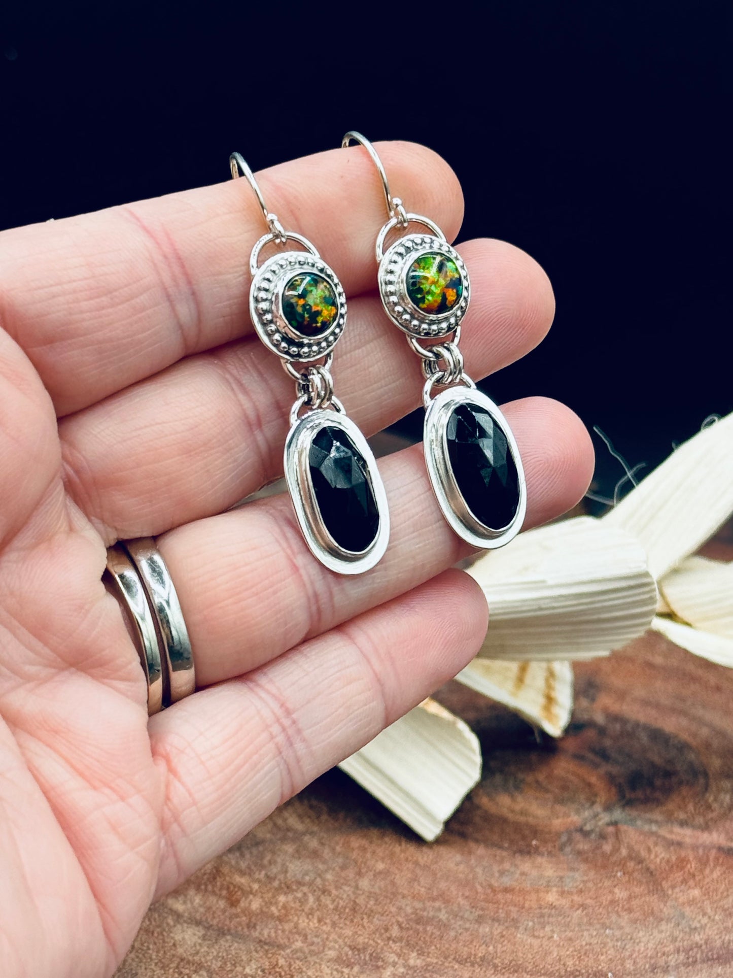 Gilson Aurora Opal and Black Onyx Sterling Silver Earrings