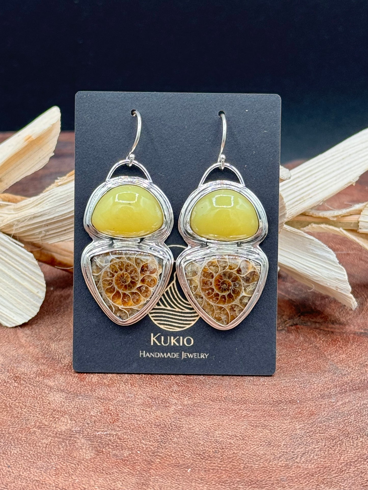 Ammonite and Vesuvianite Sterling Silver Earrings