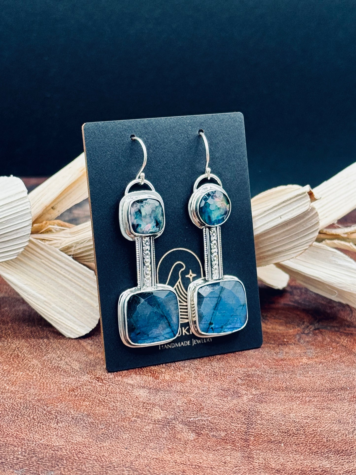Labradorite and Dichroic Glass Sterling Silver Dangle Earrings
