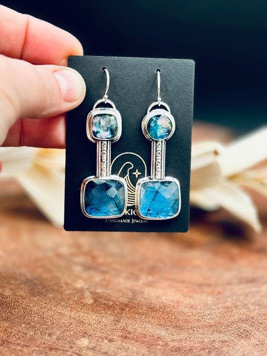 Labradorite and Dichroic Glass Sterling Silver Dangle Earrings