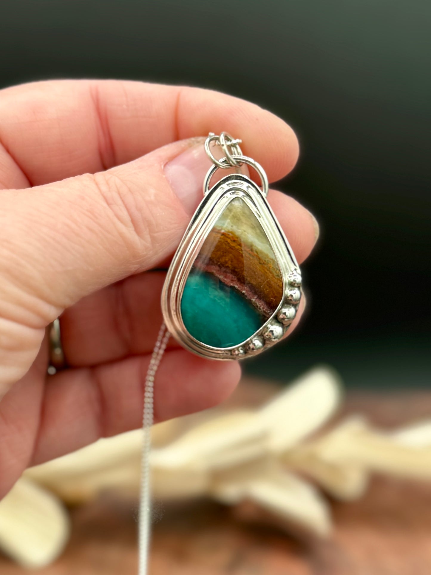 Indonesian Blue Opalized Wood Sterling Silver Pendant Necklace