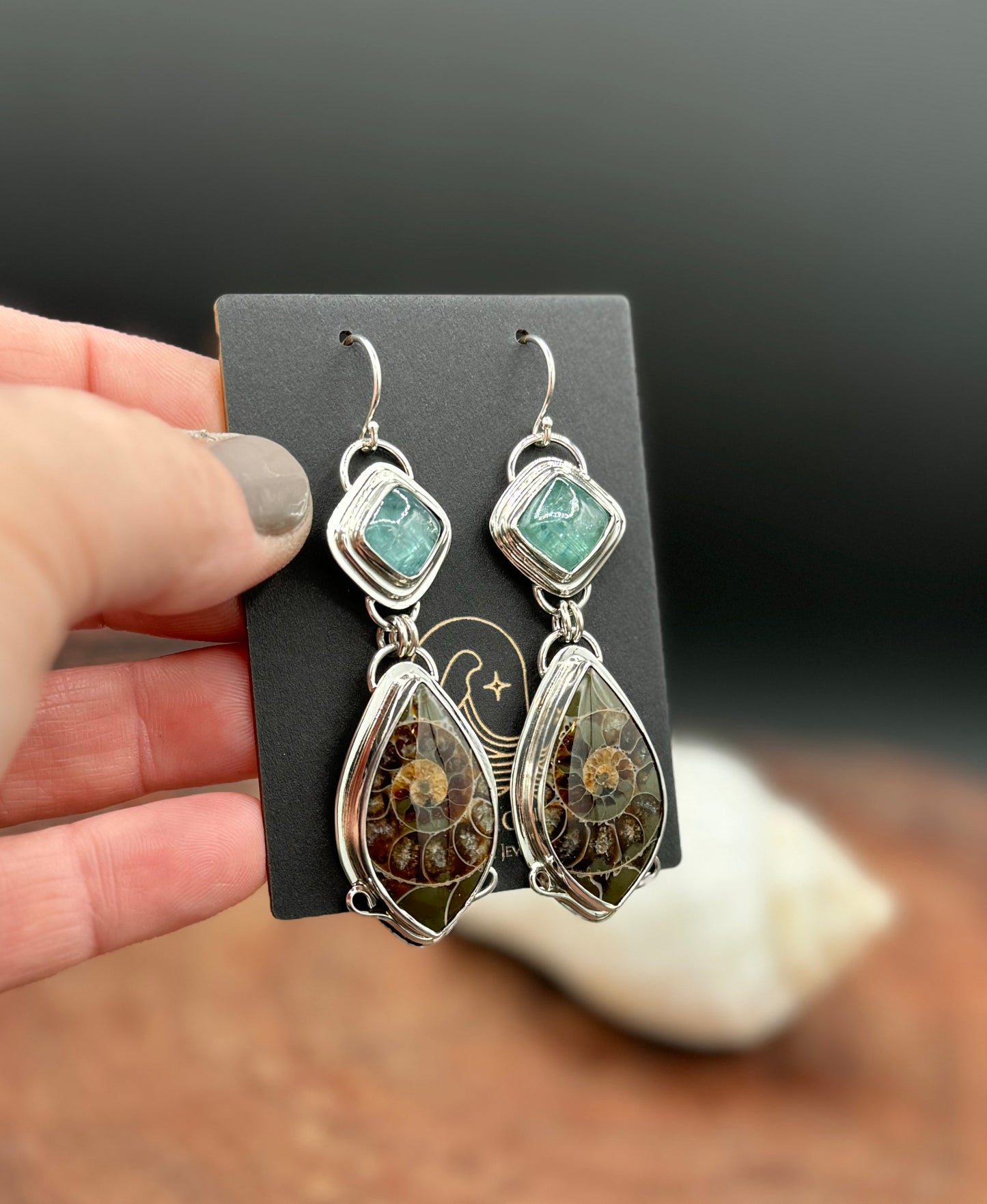 Sterling Silver Ammonite and Aqua Kyanite Earrings
