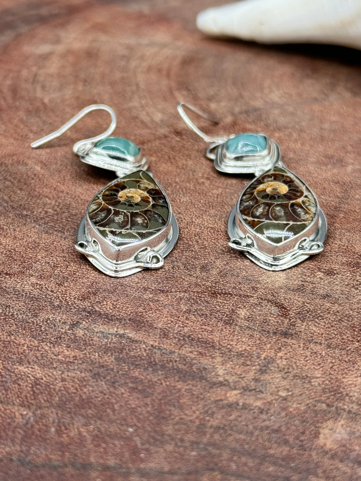 Sterling Silver Ammonite and Aqua Kyanite Earrings