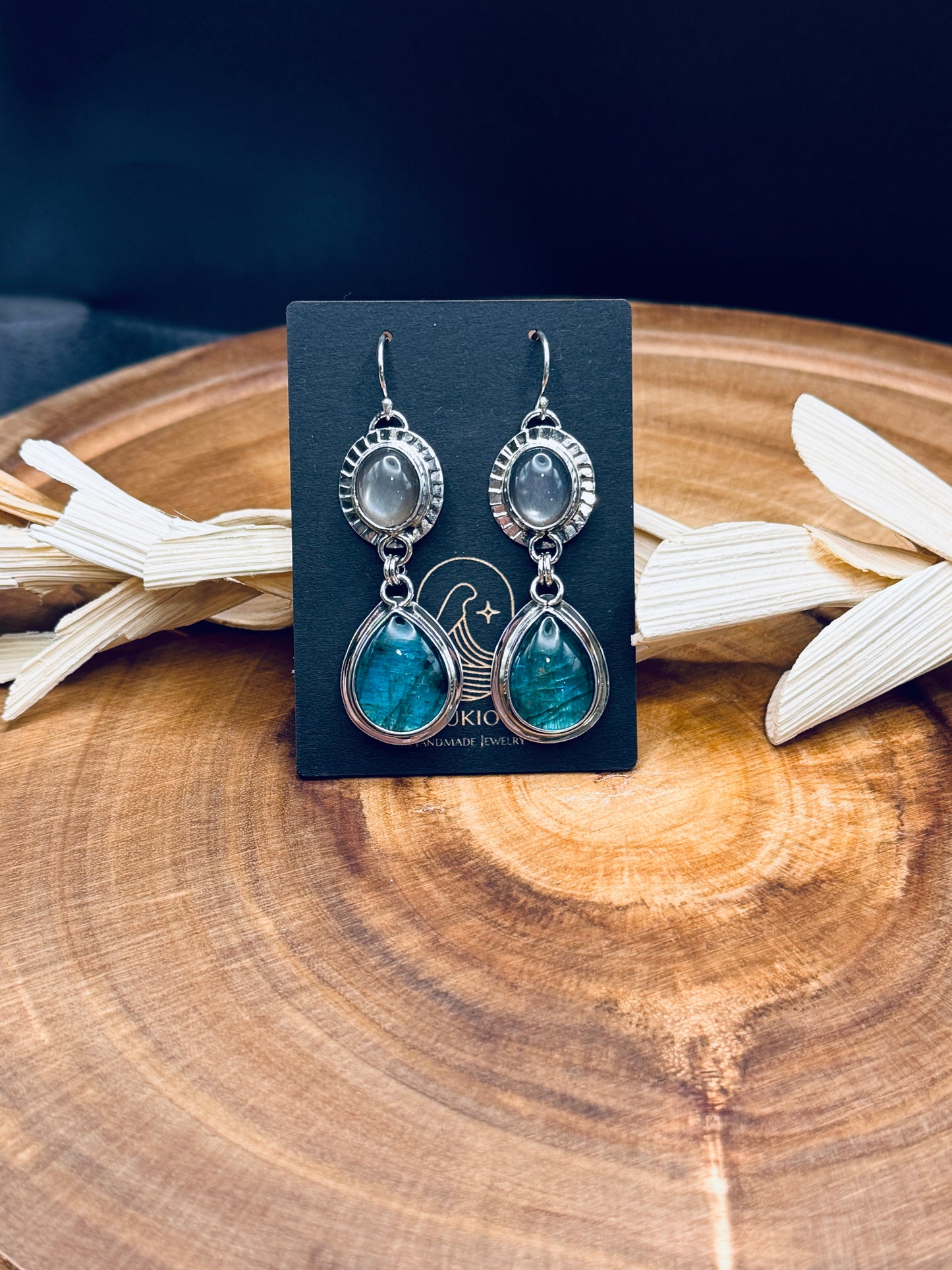 Neon Apatite Doublet and Black Moonstone Sterling Silver Earrings