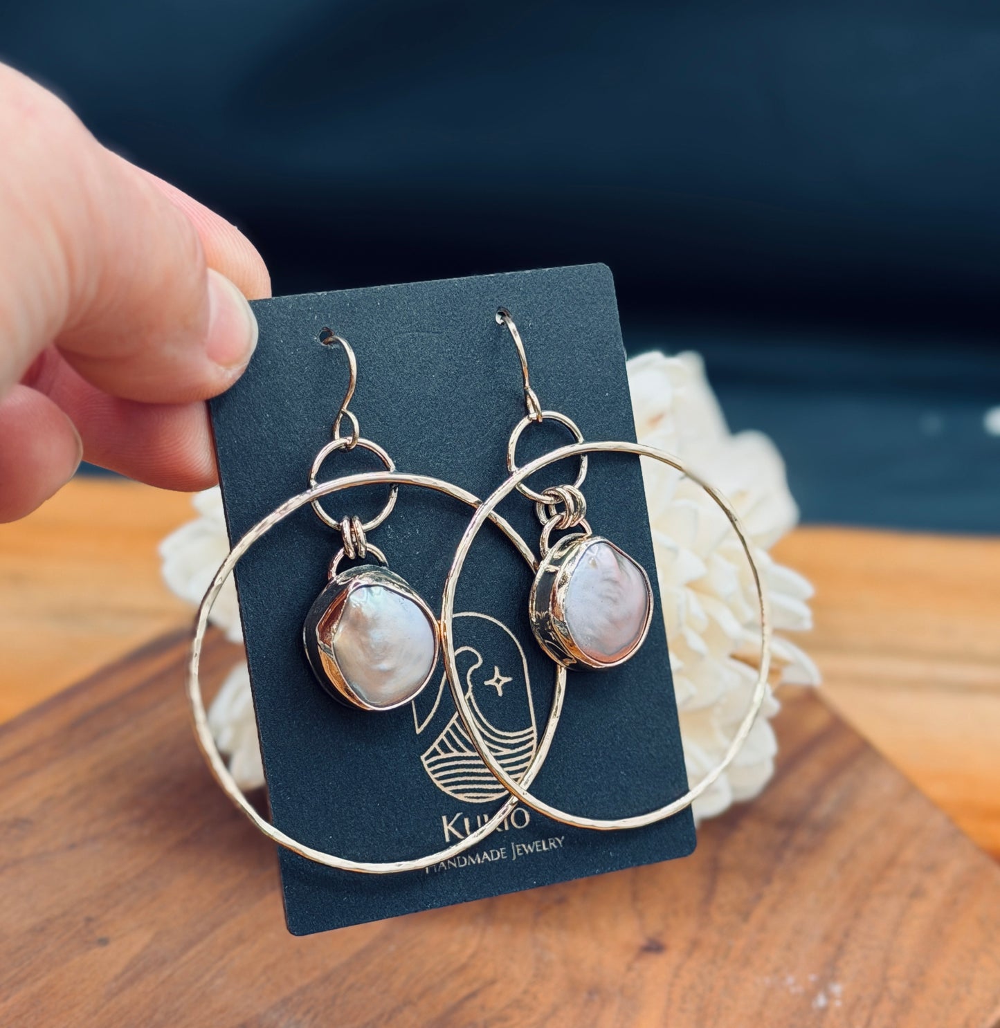 Gold Fill Hammered Texture Hoops with Pink Coin Pearl