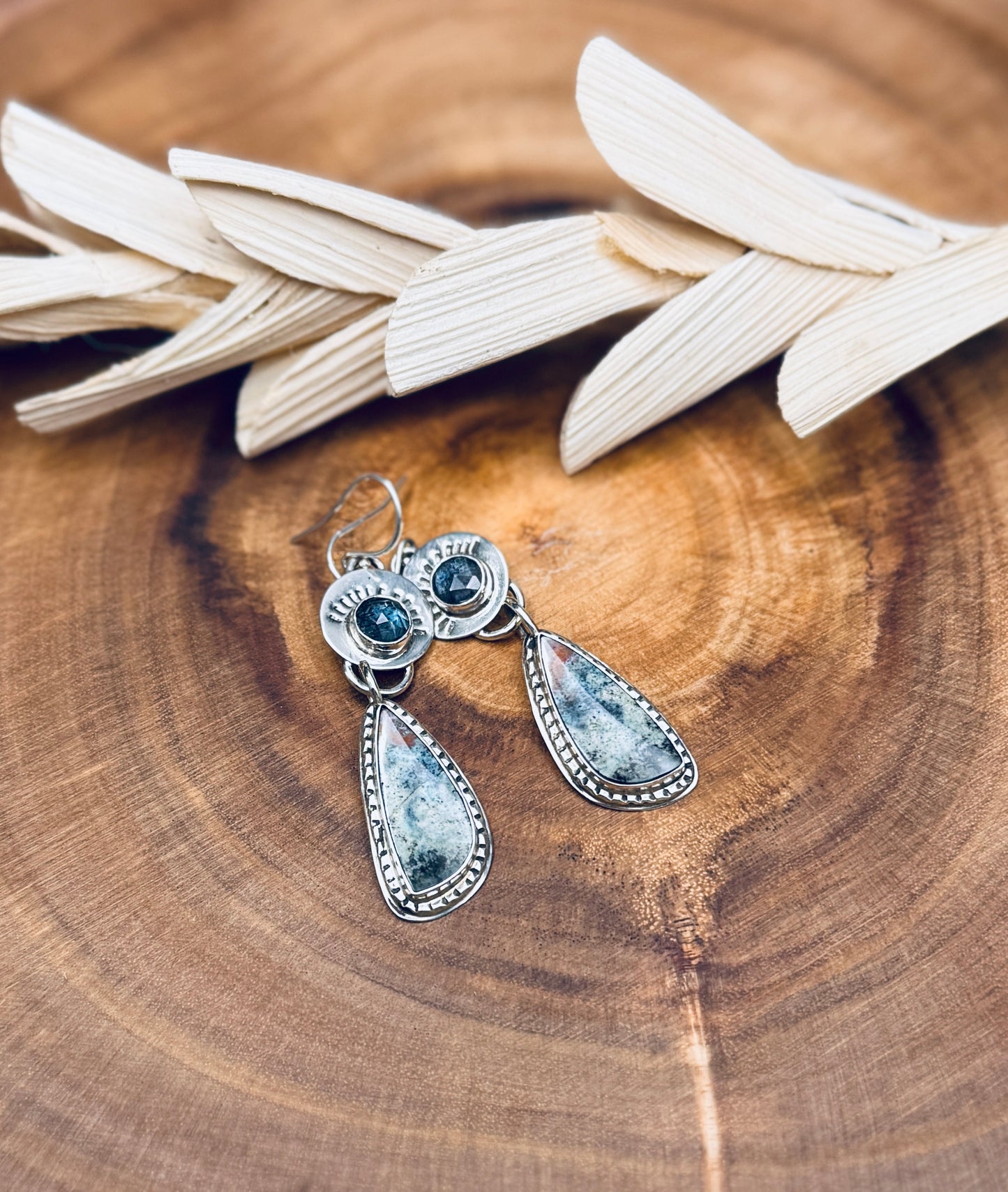 Opalized Wood and Teal Moss Kyanite Sterling Silver Earrings