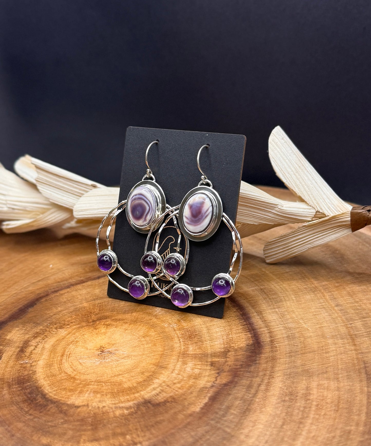 Sterling Silver Wampum Shell and Amethyst Earrings
