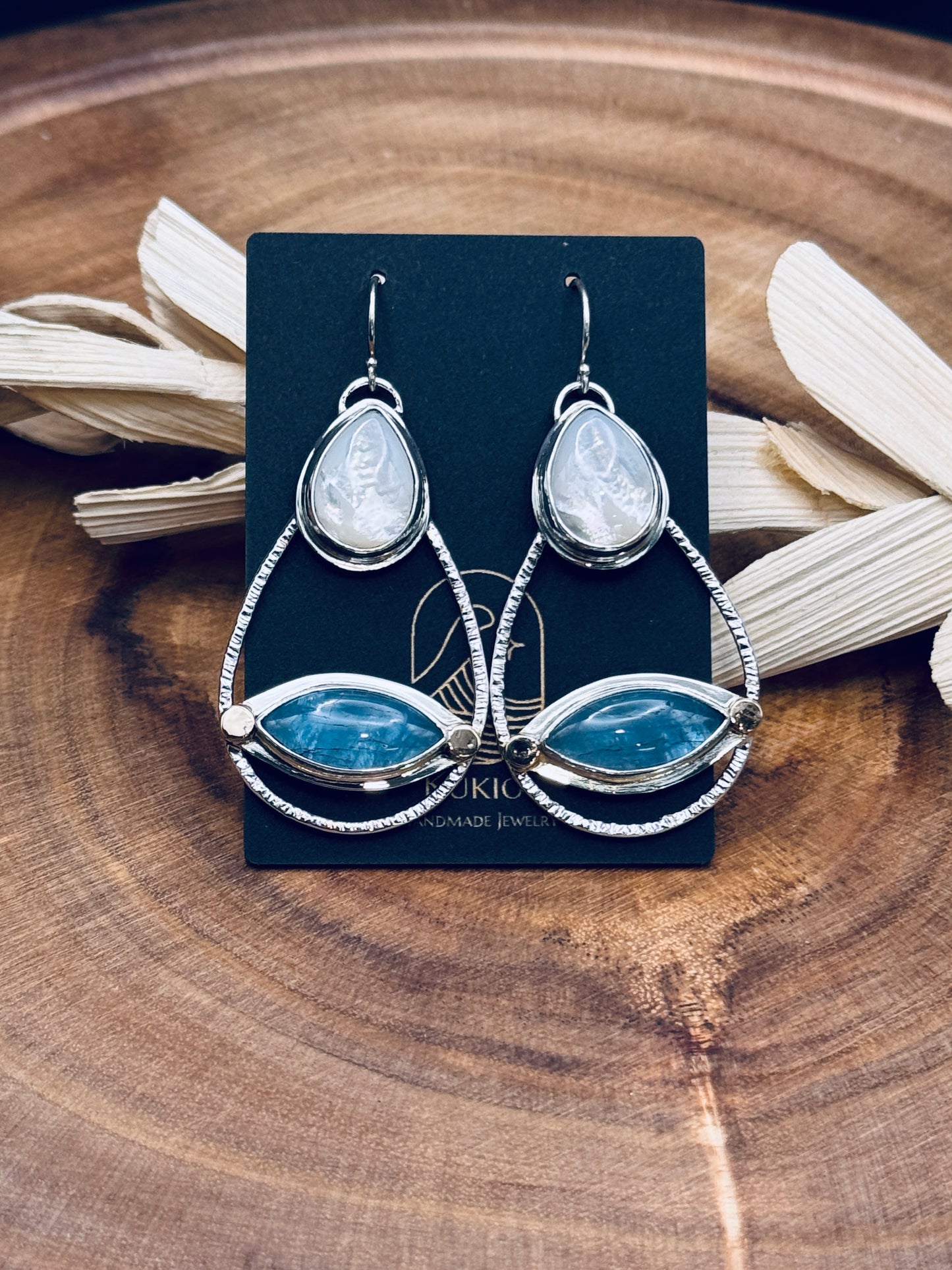 Aquamarine and Mother of Pearl Sterling Silver and 14k Gold Earrings