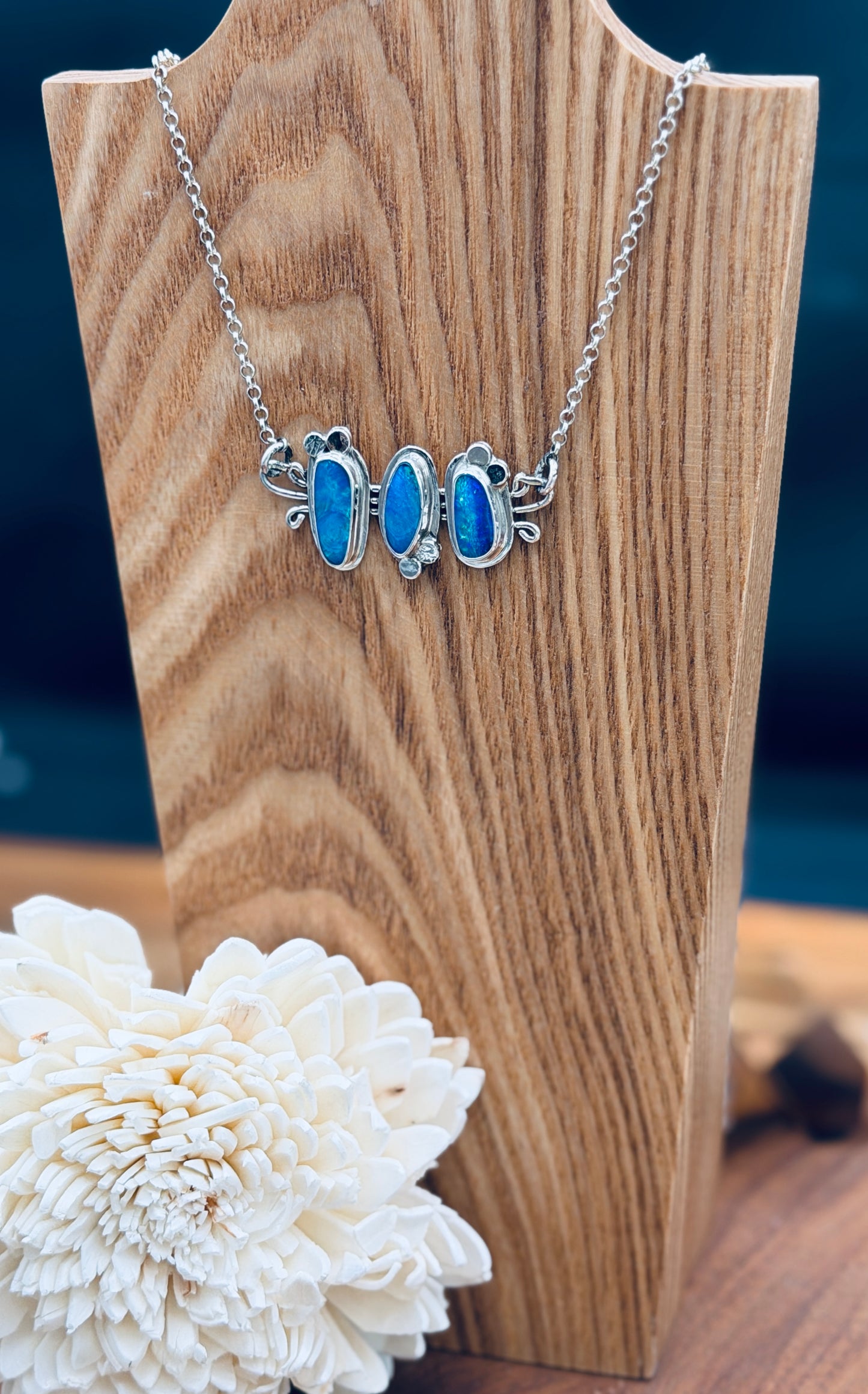 Sterling Silver Triple Natural Coober Pedy Opal Necklace