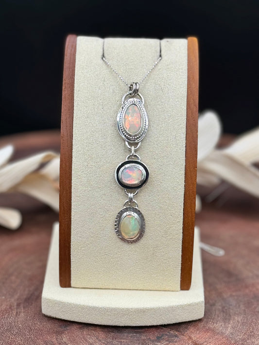 Sterling Silver Triple Opal Pendant Necklace