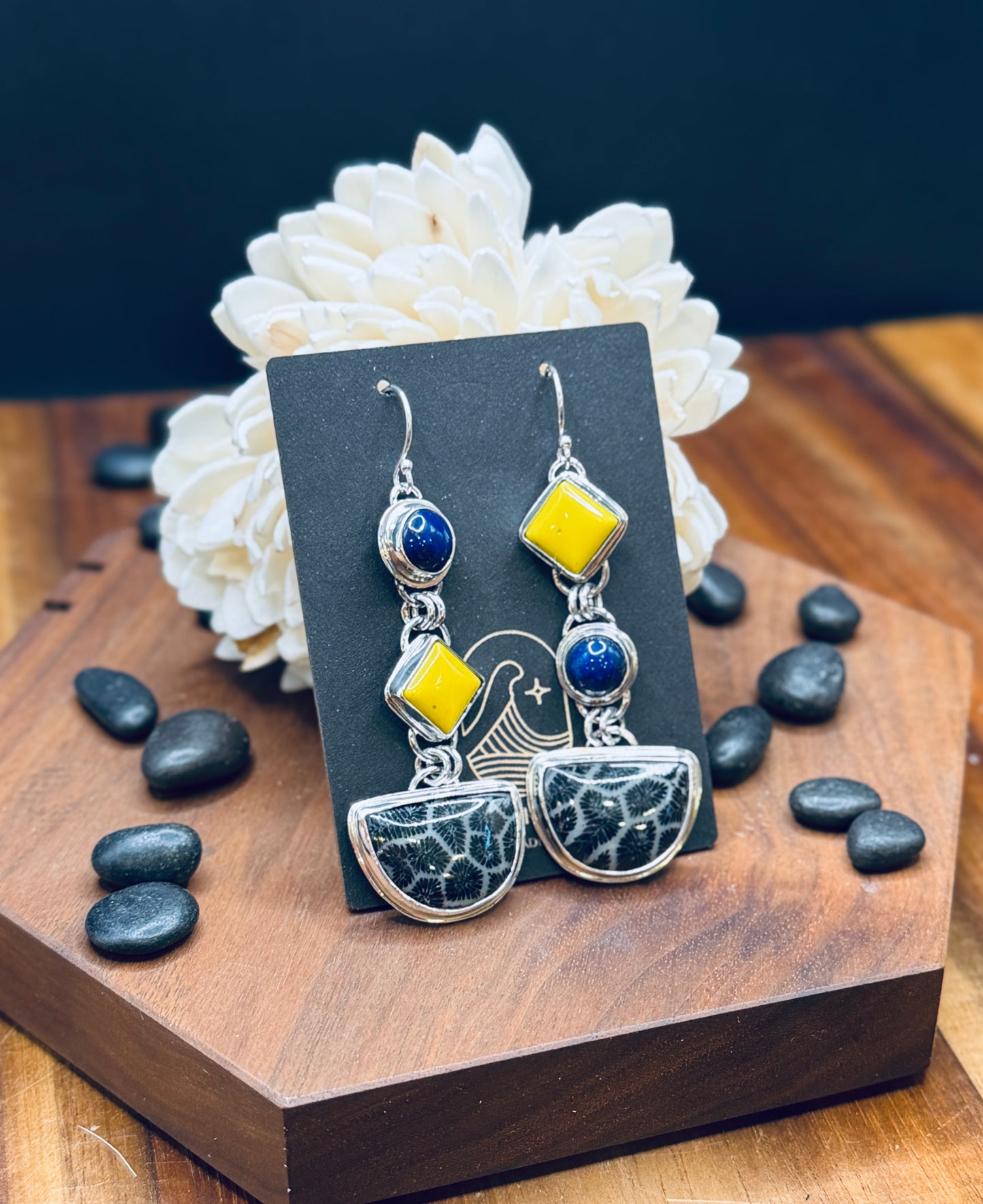 Black Fossilized Coral with Lapis and Yellow Rosarita