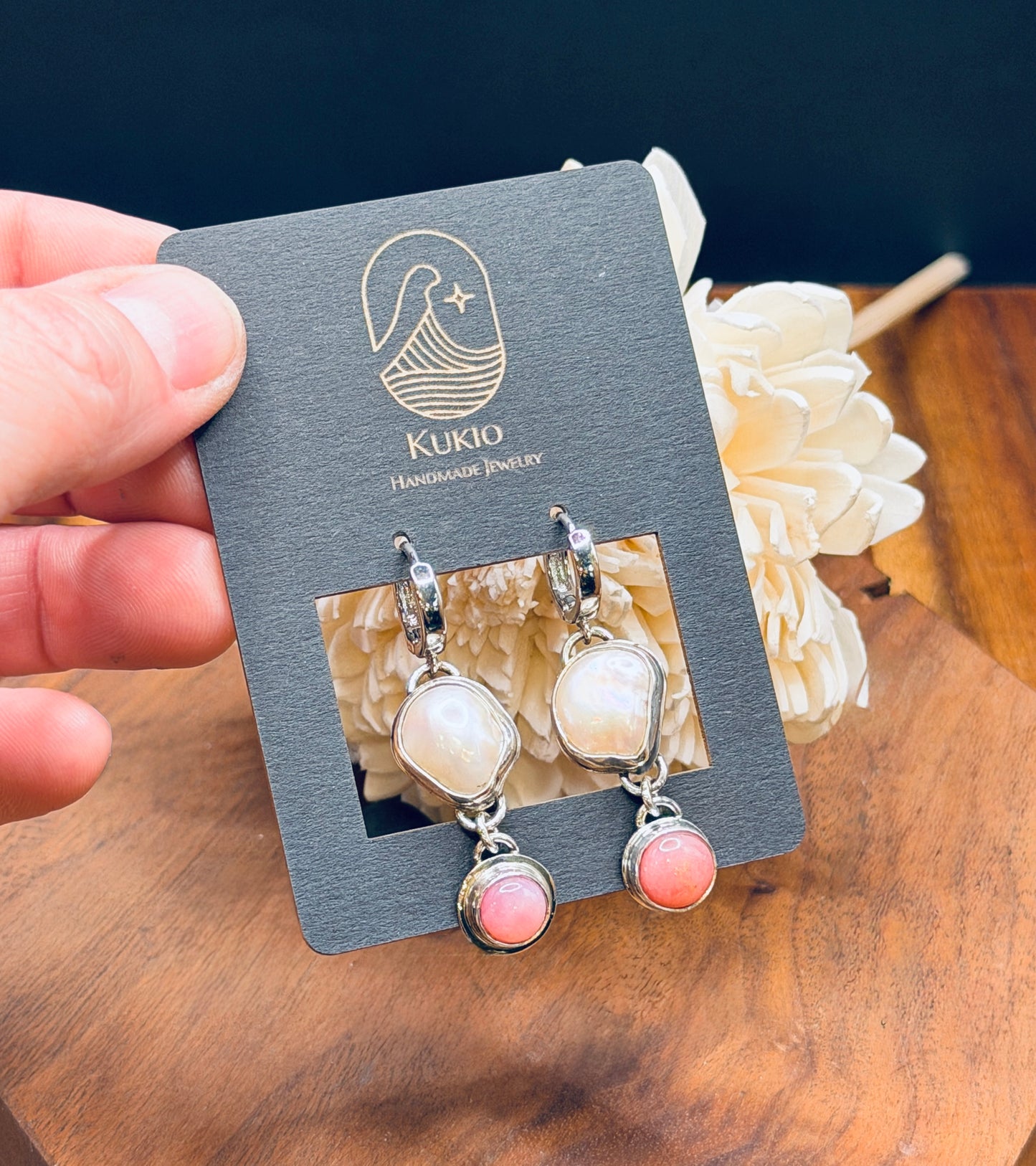 Sterling Silver Fresh Water Pearls and Pink Opal Huggie Earrings